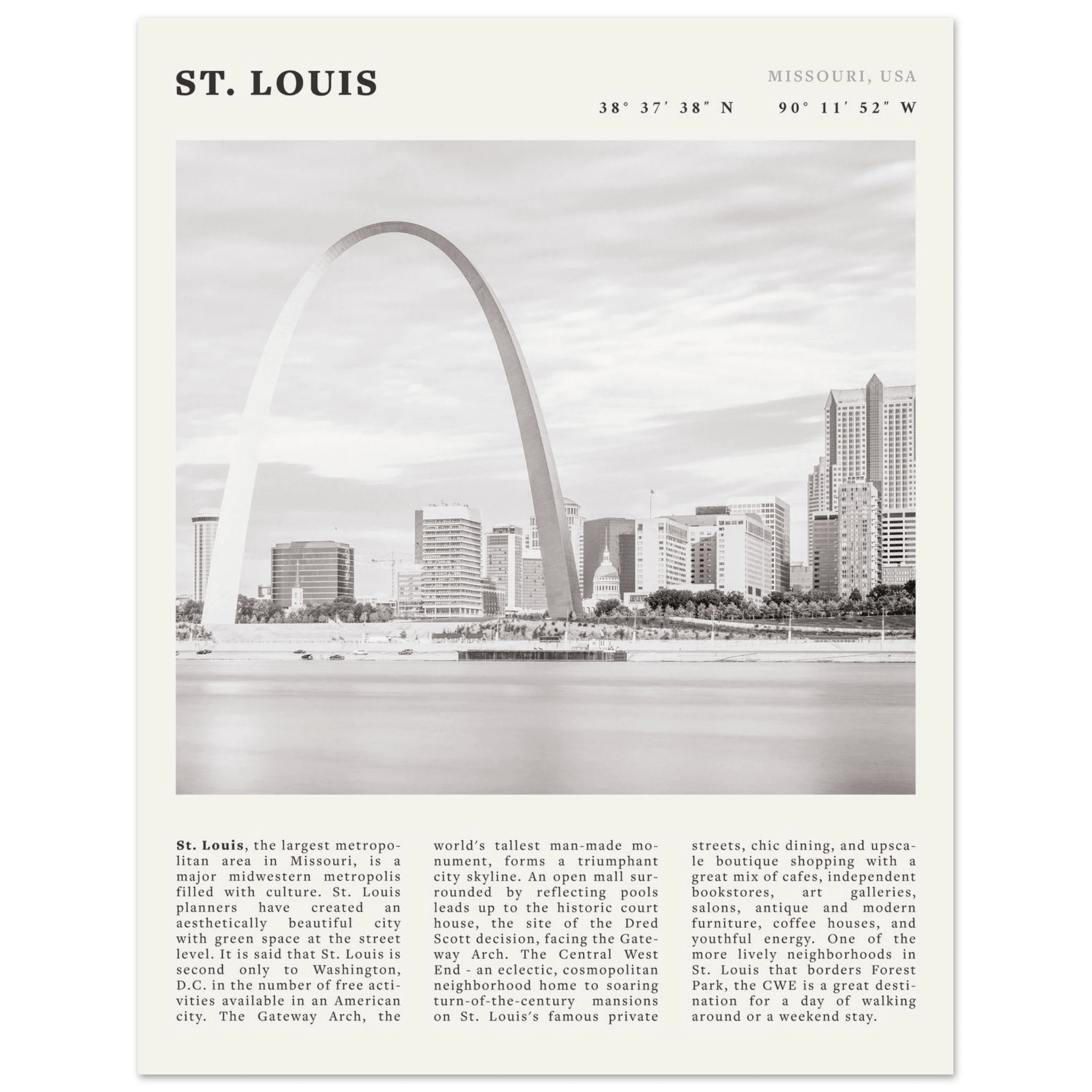 St. Louis Poster | Black & White Gateway Arch Wall Art | Missouri Travel Print - Evergreen Posters