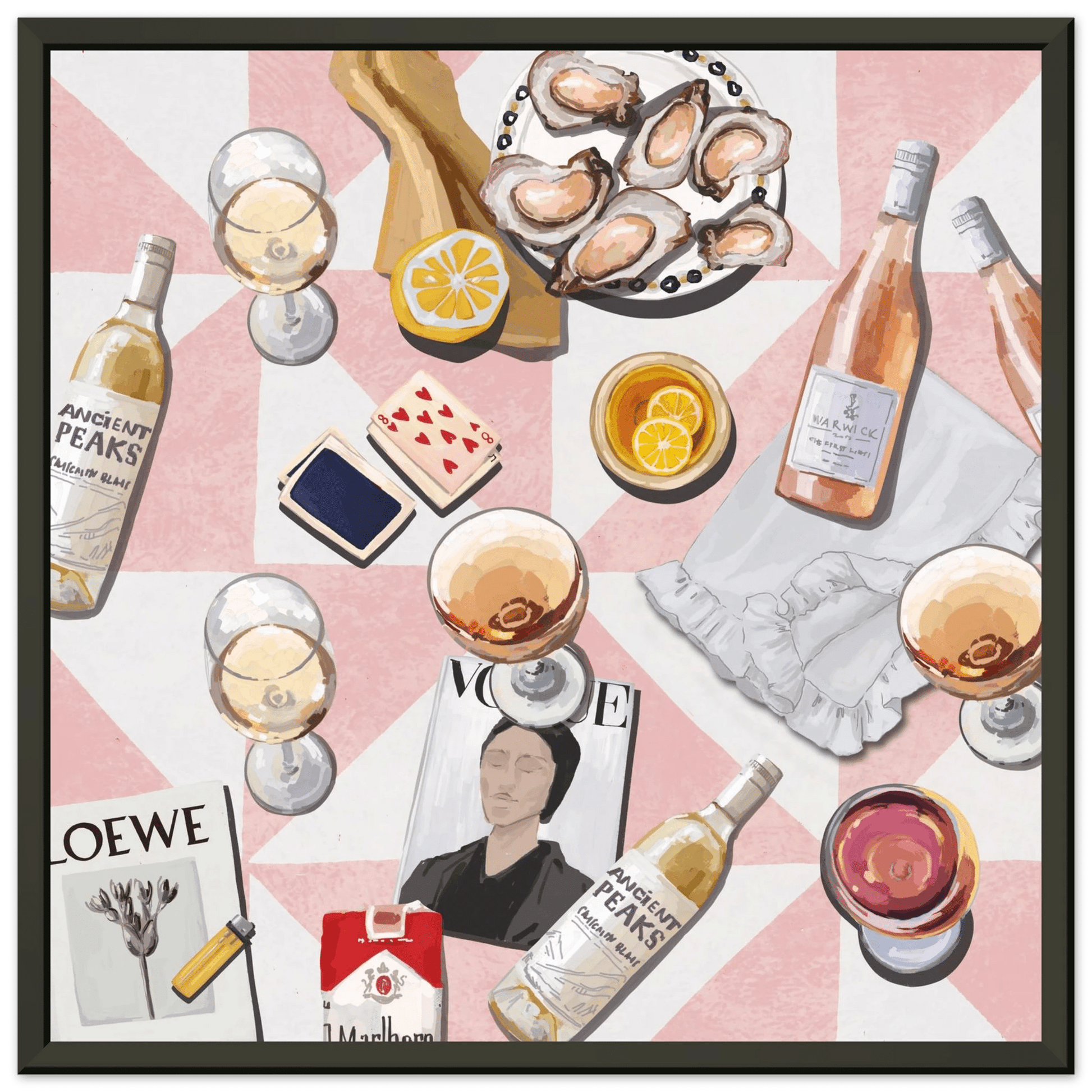 Vogue Oysters & Rosé Poster | Dopamine Decor Luxury Wall Art | Pink Tile Square Print - Evergreen Posters