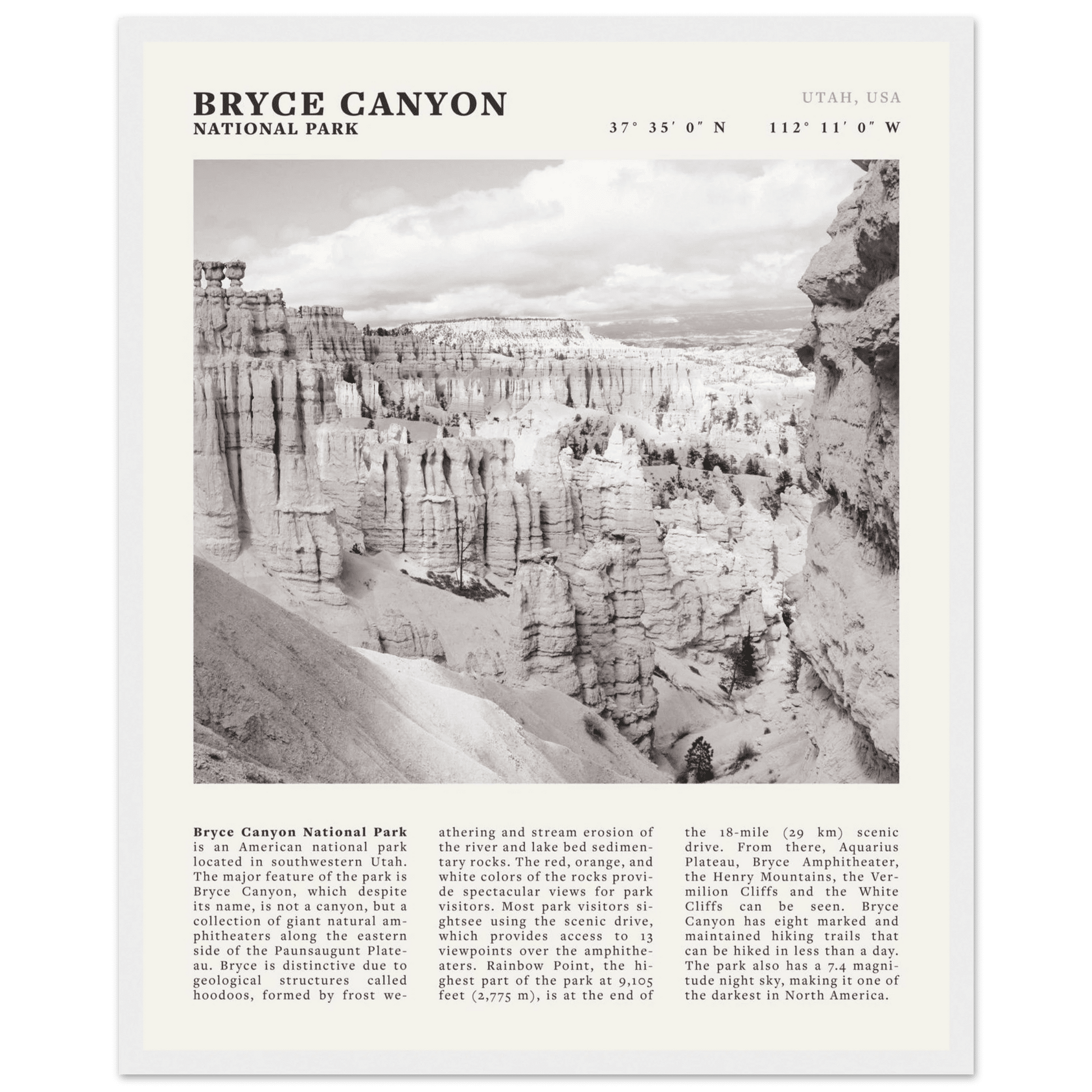 Bryce Canyon National Park Poster | Black & White Utah Hoodoos Wall Art Print - Evergreen Posters - 23