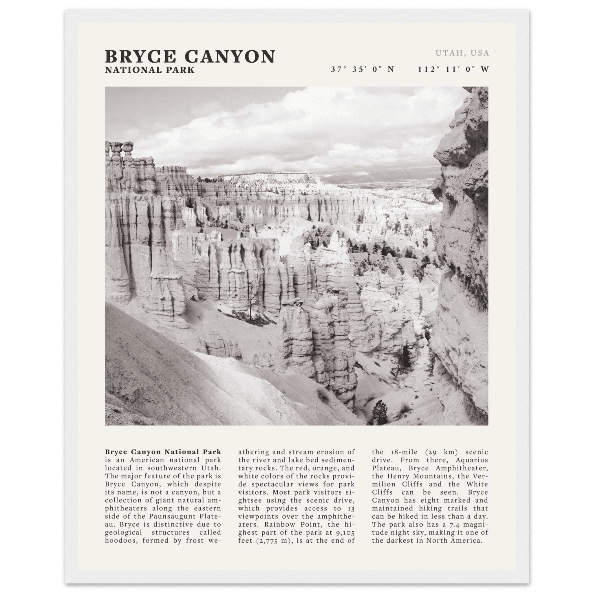 Bryce Canyon National Park Poster | Black & White Utah Hoodoos Wall Art Print - Evergreen Posters - 23