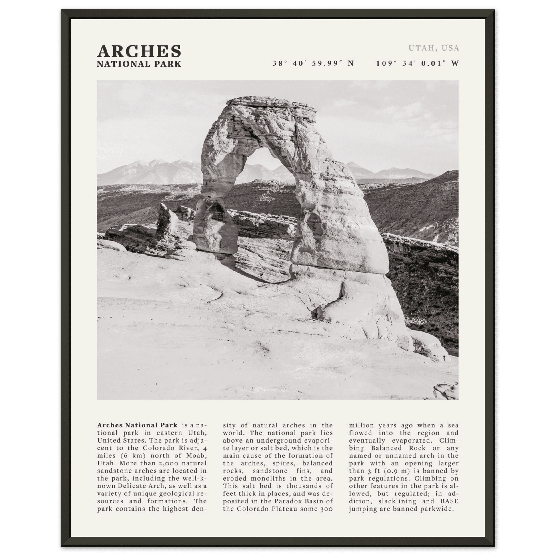 Arches National Park Poster | Black & White Utah Wall Art | Delicate Arch Print - Evergreen Posters