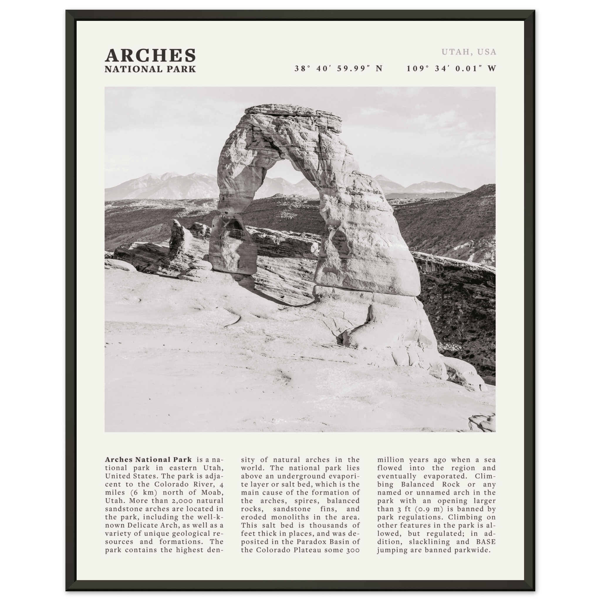 Arches National Park Poster | Black & White Utah Wall Art | Delicate Arch Print - Evergreen Posters