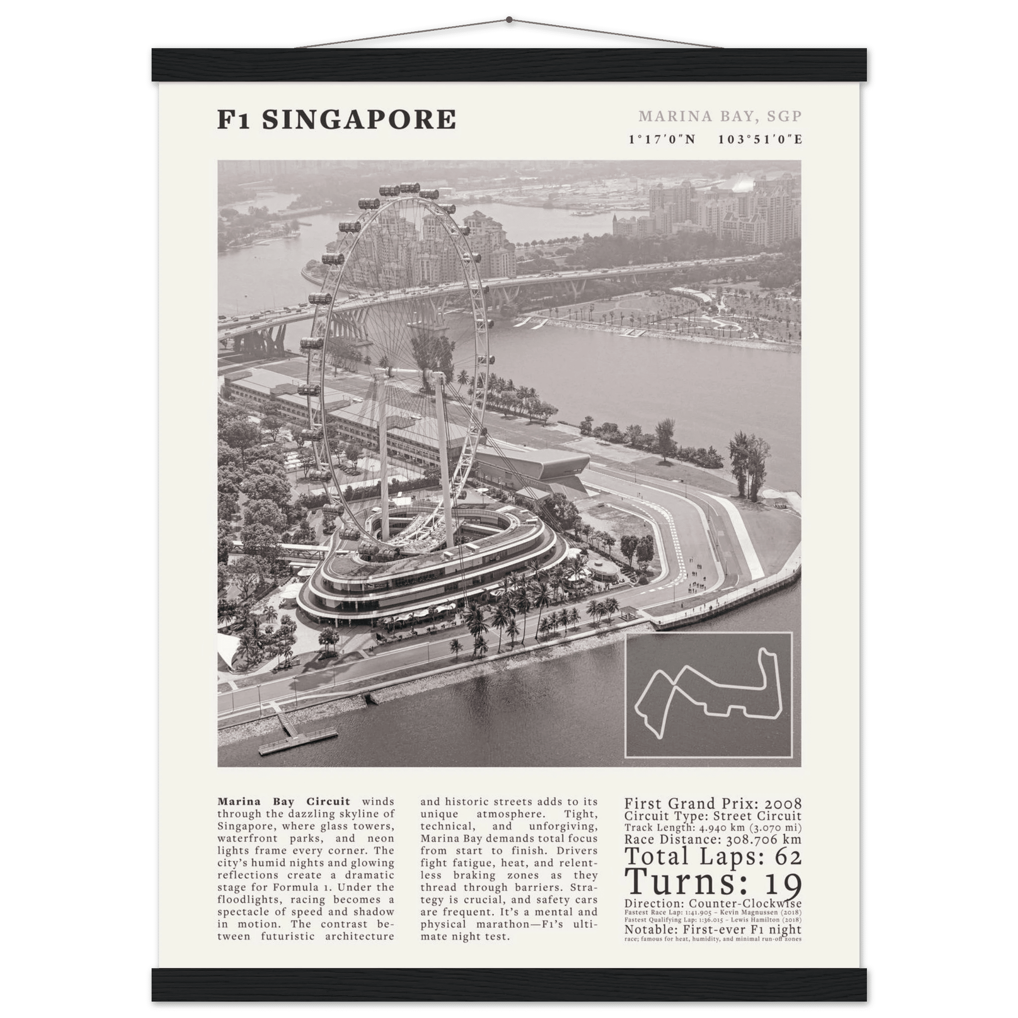 F1 Singapore Poster Black and White – Vintage Marina Bay Night Race Print (Digital & Printed Options) - Evergreen Posters