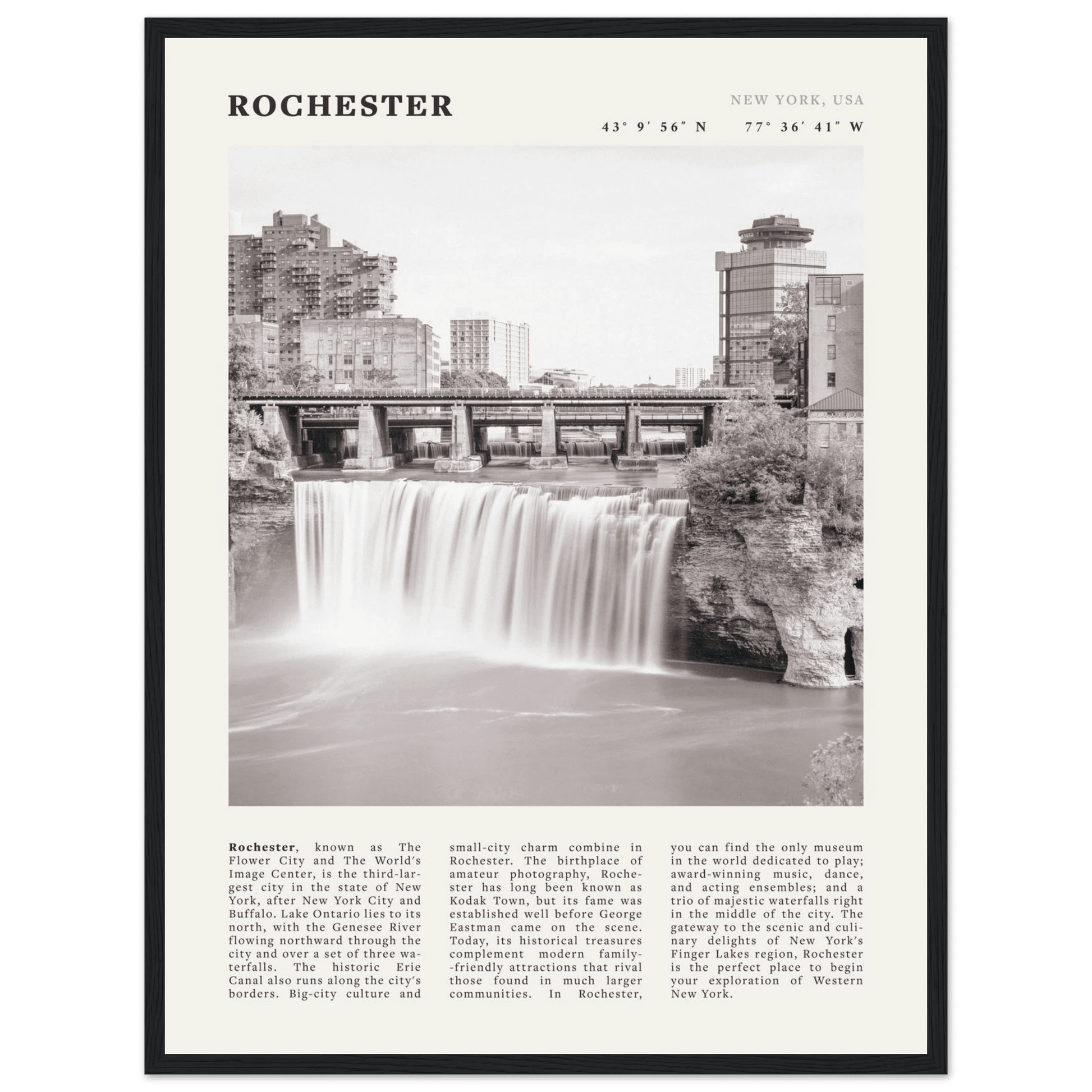 Rochester Poster | Black & White High Falls Wall Art | New York Travel Print - Evergreen Posters