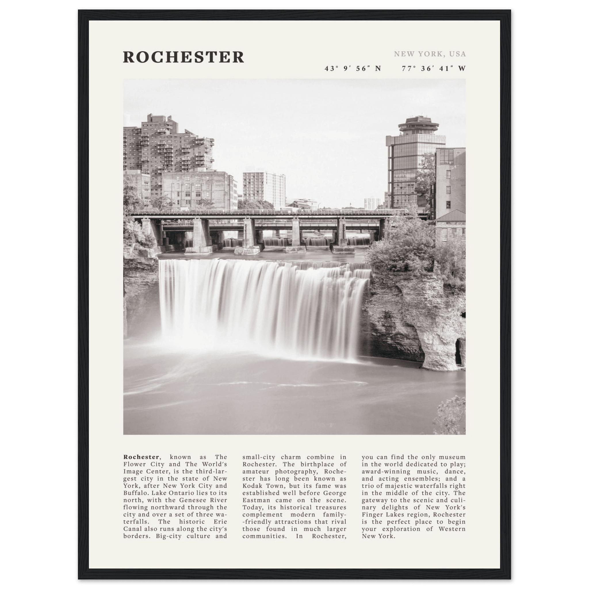 Rochester Poster | Black & White High Falls Wall Art | New York Travel Print - Evergreen Posters