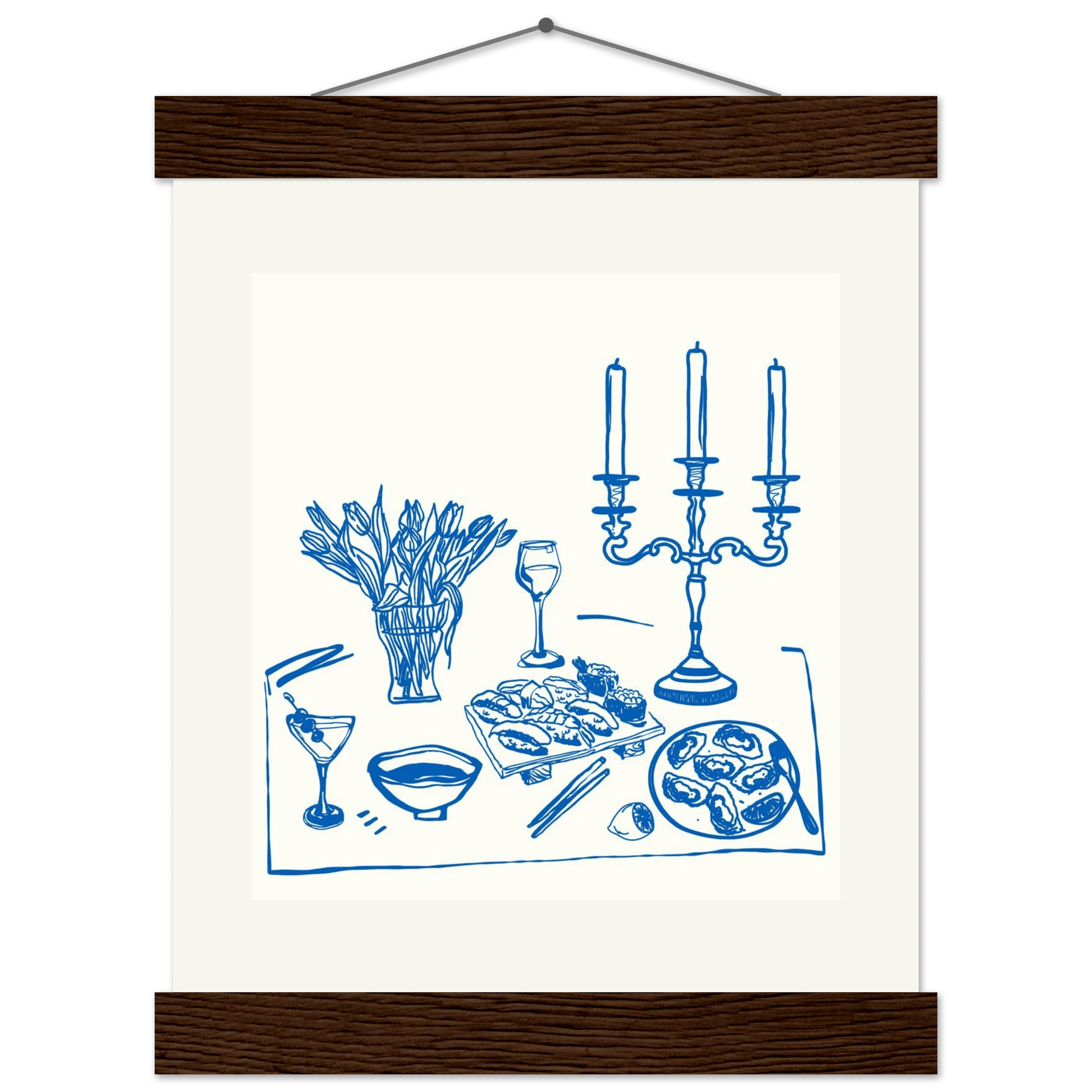 Fine Dining Table Print | Blue Line Art Kitchen Wall Art | Elegant Dining Room Poster - Evergreen Posters