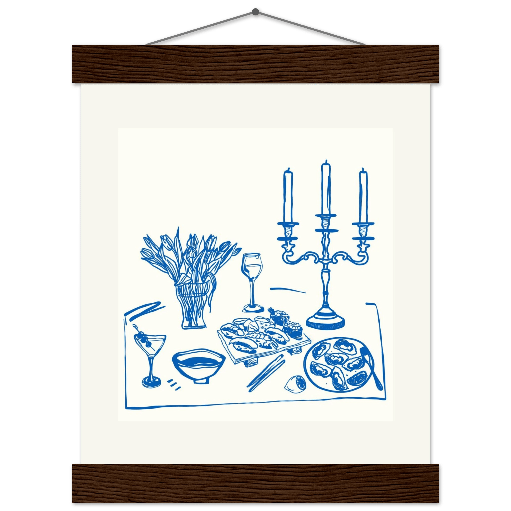 Fine Dining Table Print | Blue Line Art Kitchen Wall Art | Elegant Dining Room Poster - Evergreen Posters