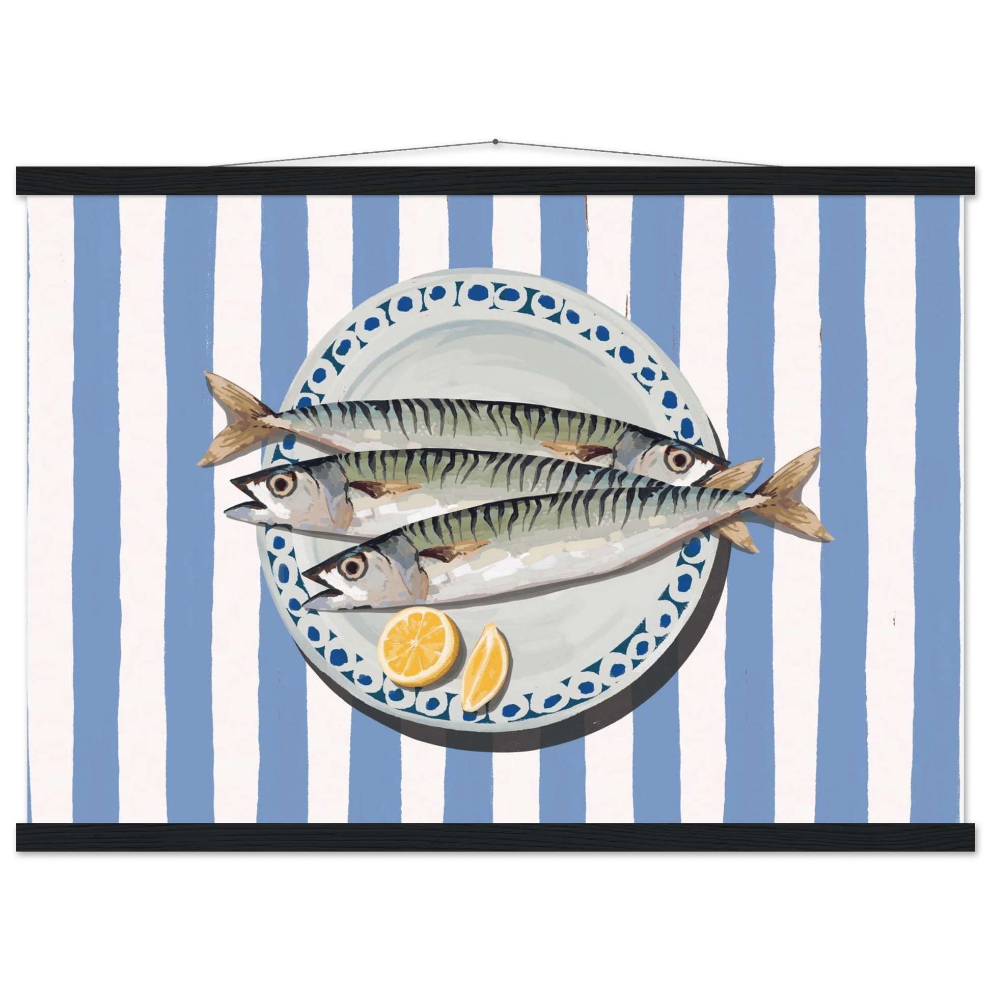 Sardines Print | Blue Stripe Fish Kitchen Wall Art | Coastal Food Poster - Evergreen Posters