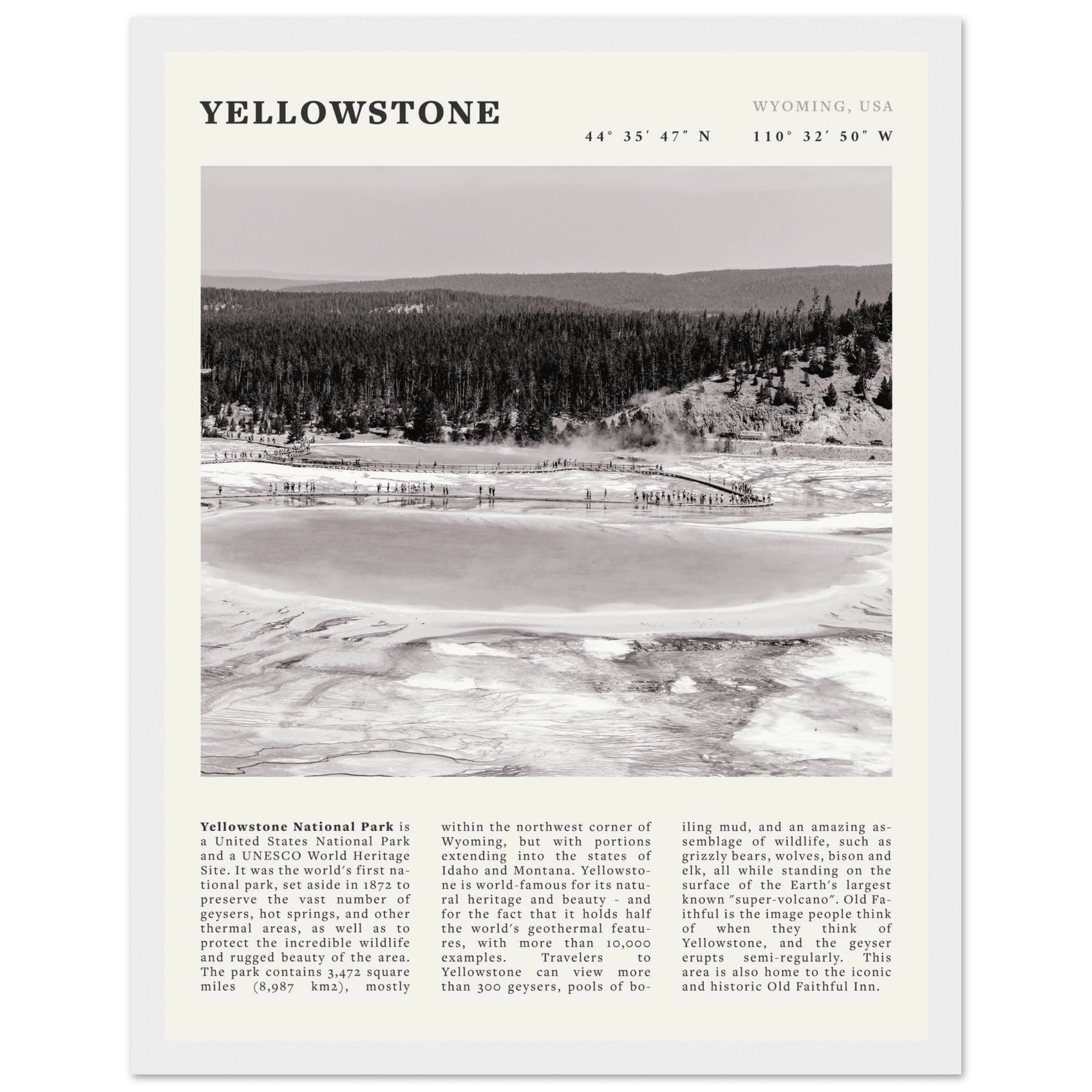 Yellowstone Poster | Black & White Grand Prismatic Spring Wall Art | WY Print - Evergreen Posters