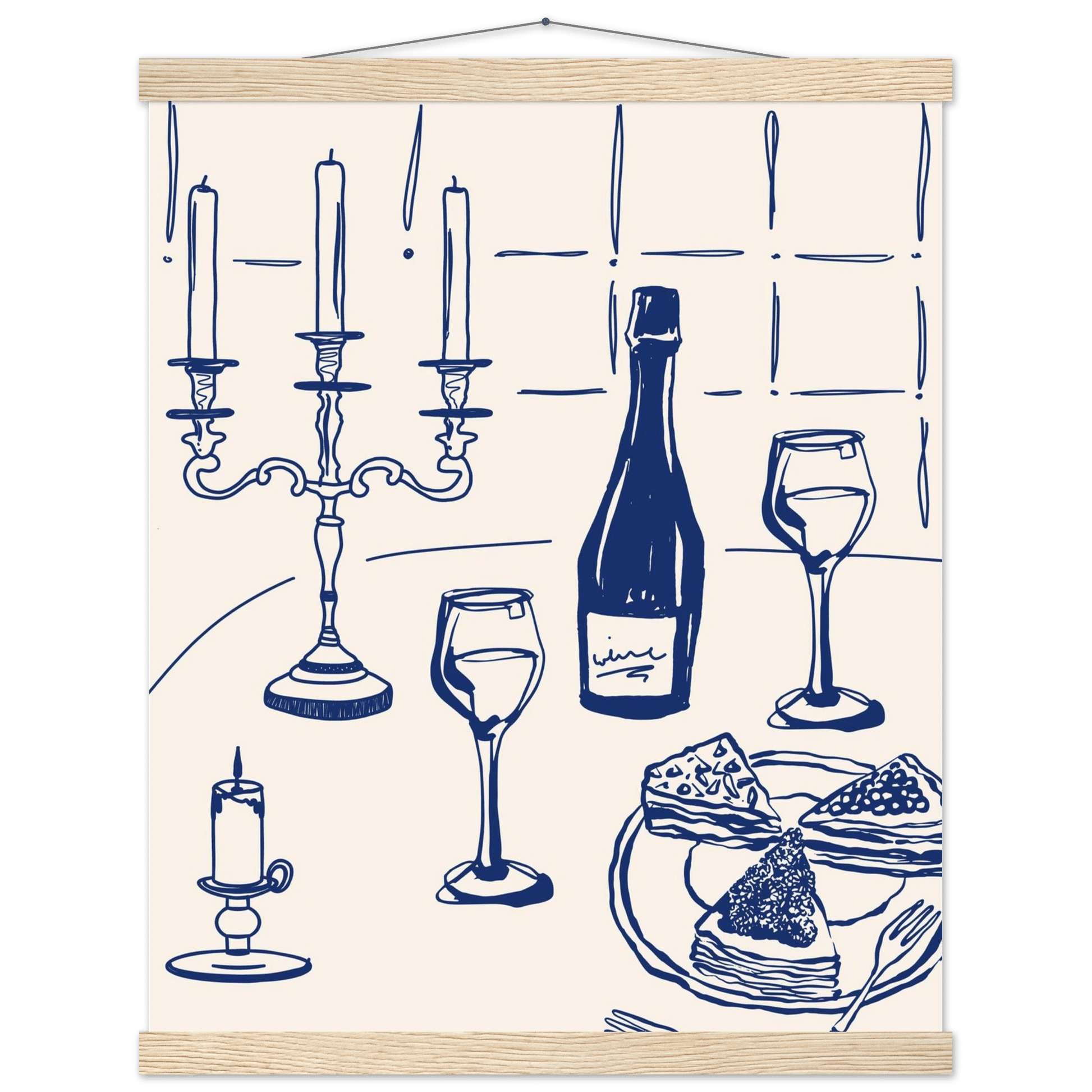 Candlelight Dinner Print | Navy Blue Wine & Candelabra Line Art | Kitchen Poster - Evergreen Posters
