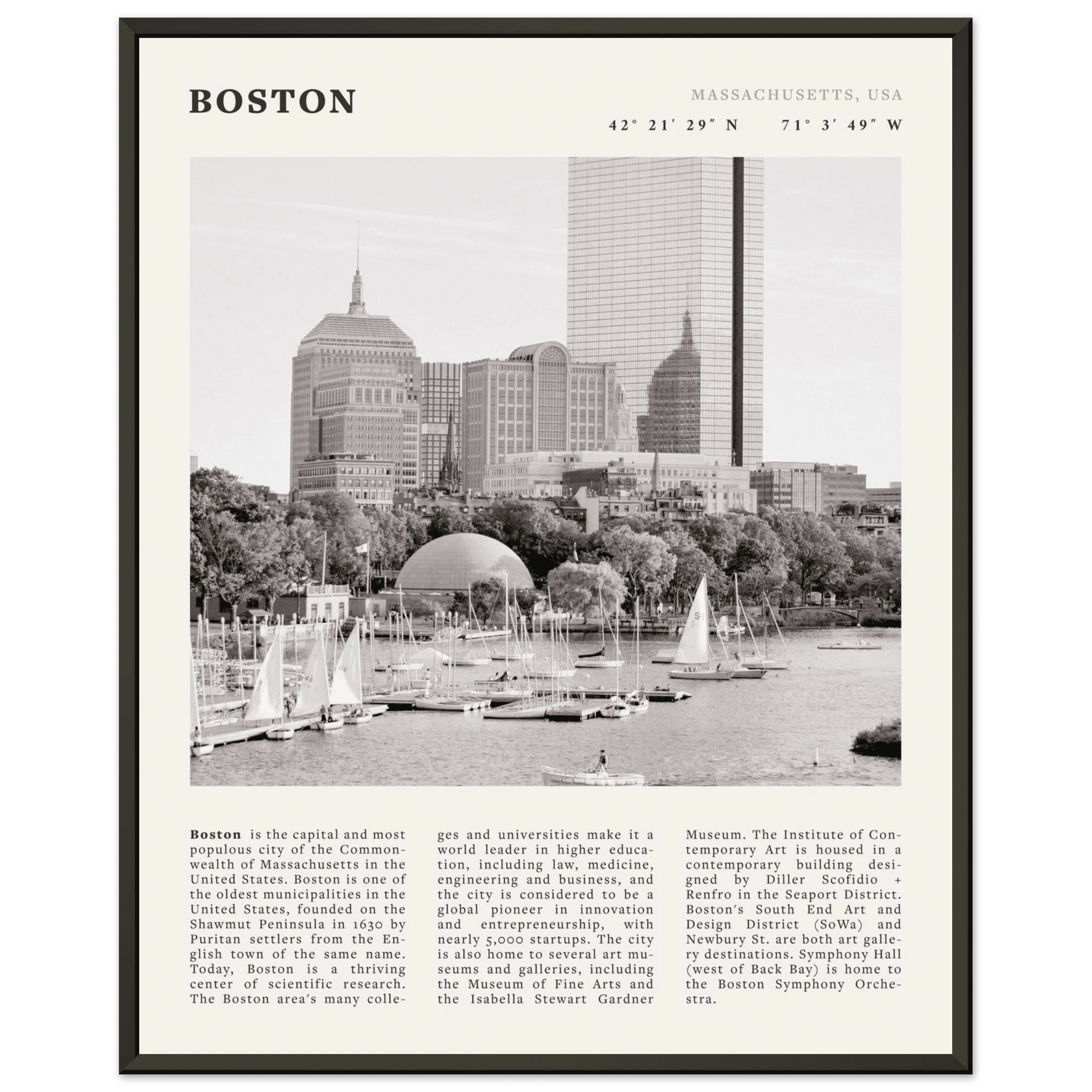 Boston Poster | Black & White Charles River Skyline Wall Art | Massachusetts Print - Evergreen Posters