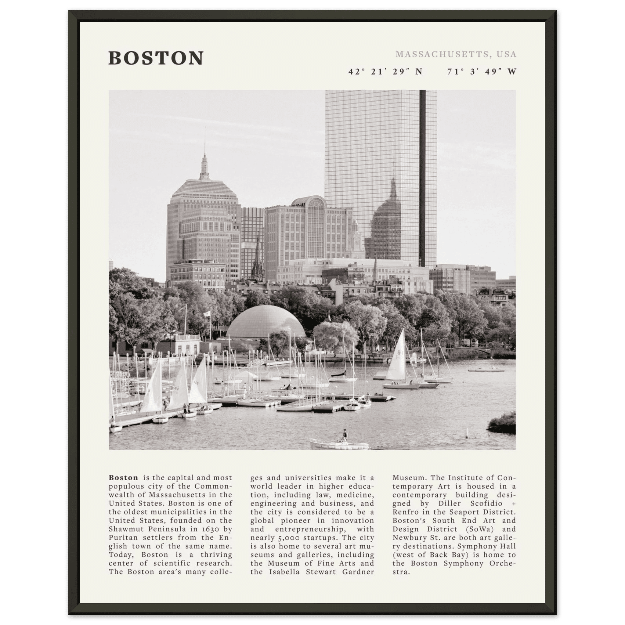 Boston Poster | Black & White Charles River Skyline Wall Art | Massachusetts Print - Evergreen Posters