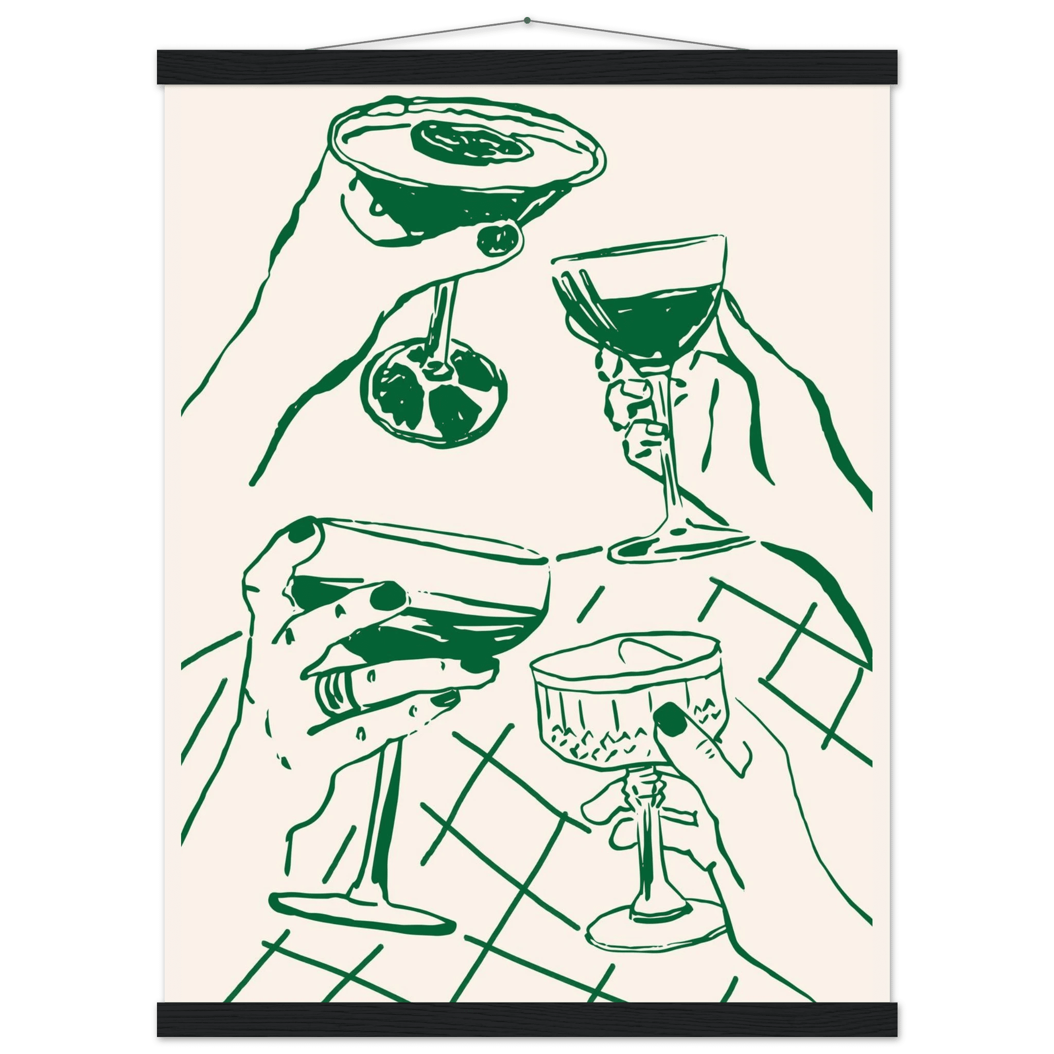 Cheers Print | Forest Green Cocktail Glasses Wall Art | Kitchen Bar Poster - Evergreen Posters