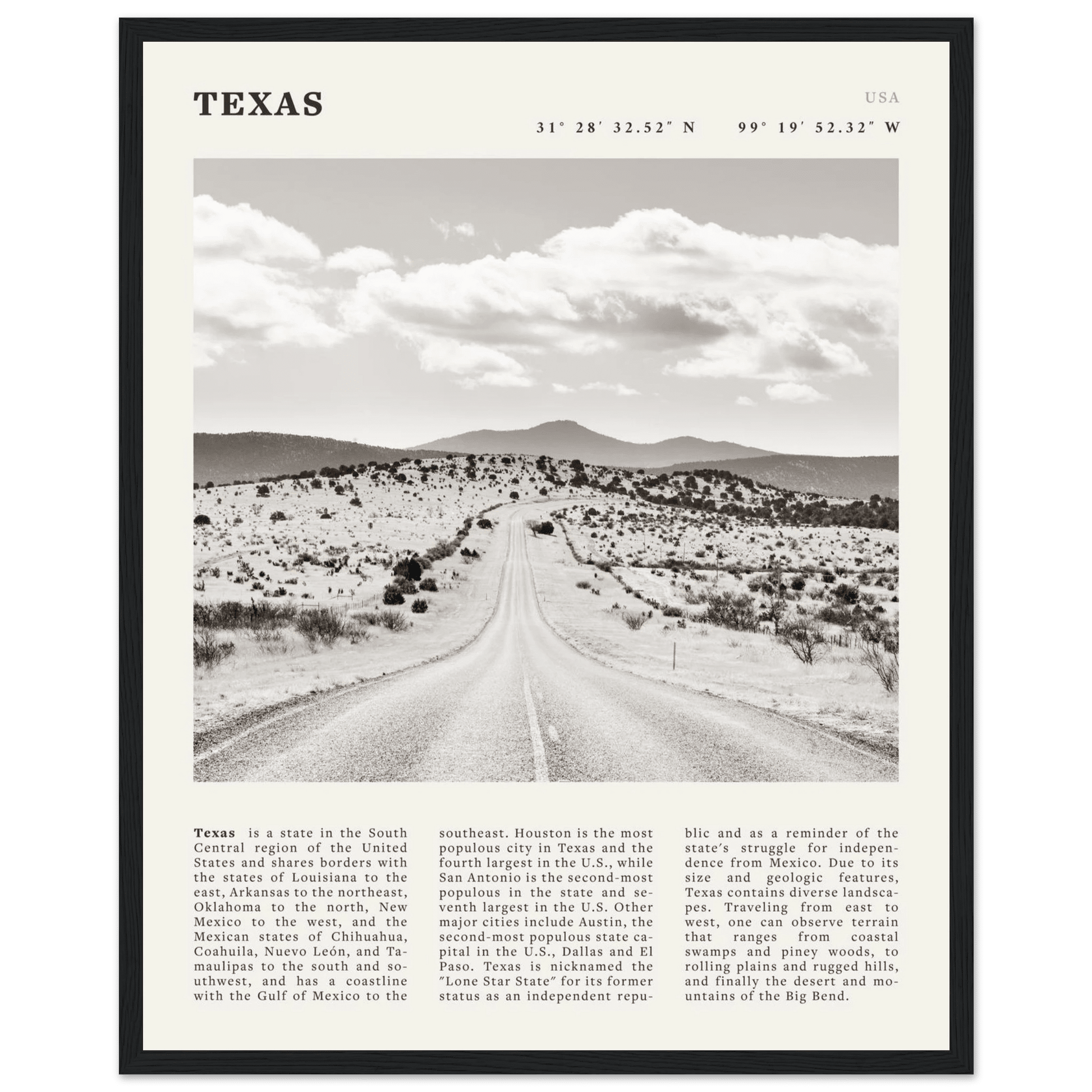 Texas Poster | Black & White Lone Star Road Wall Art | USA Travel Print Decor - Evergreen Posters