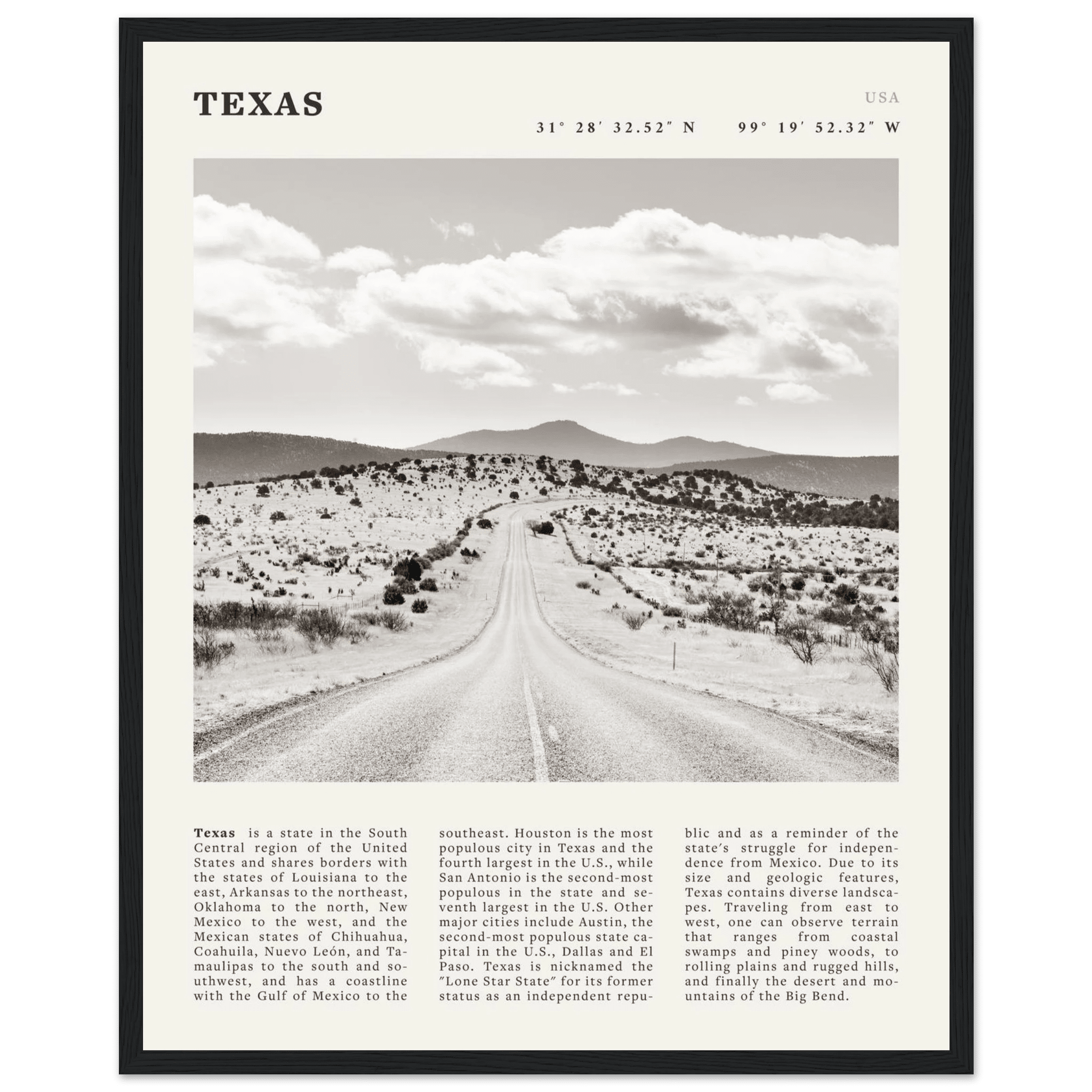 Texas Poster | Black & White Lone Star Road Wall Art | USA Travel Print Decor - Evergreen Posters