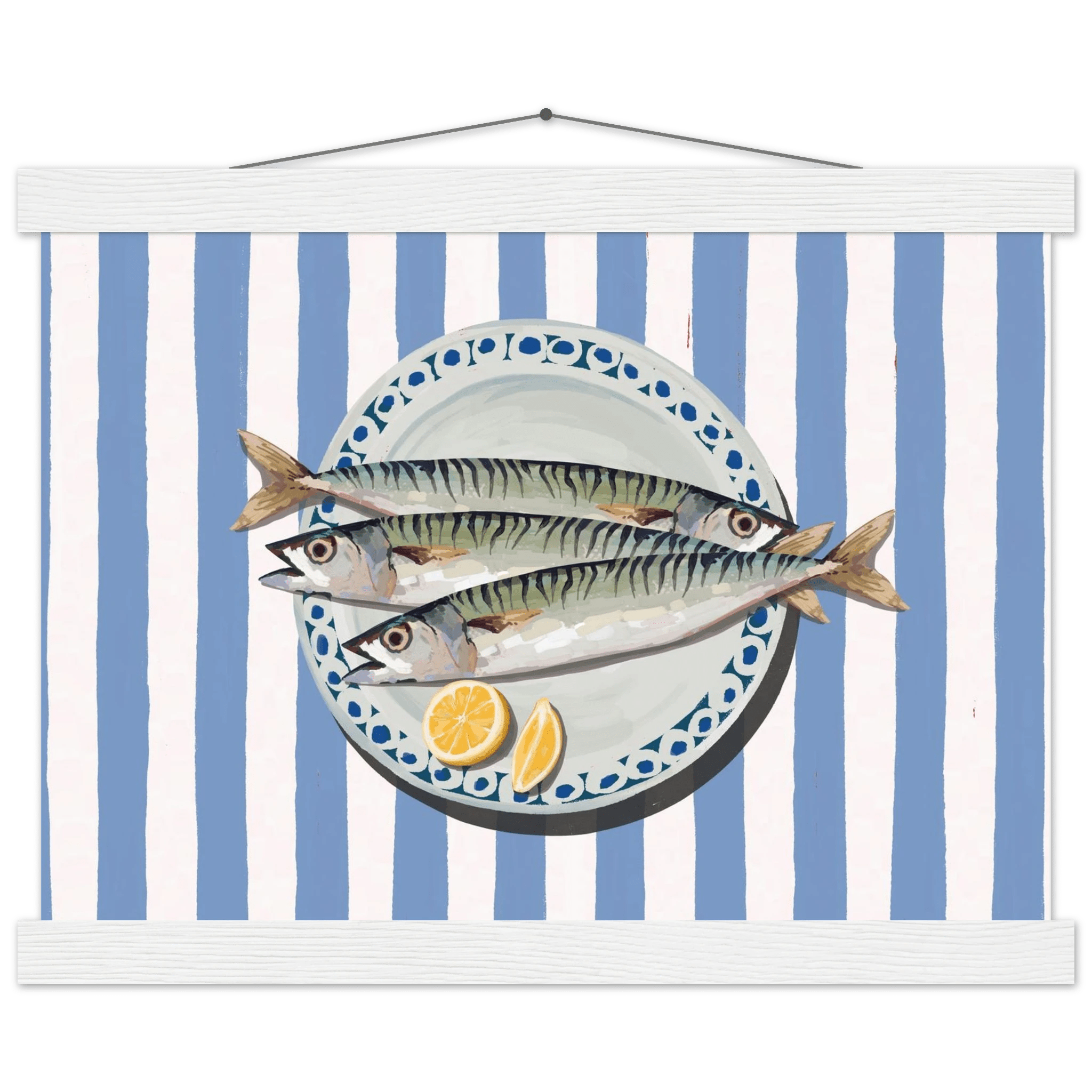 Sardines Print | Blue Stripe Fish Kitchen Wall Art | Coastal Food Poster - Evergreen Posters