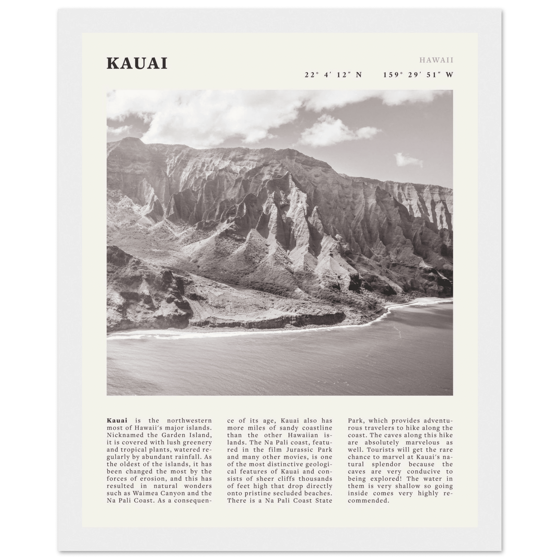 Kauai Poster | Black & White Na Pali Coast Wall Art | Hawaii Travel Print Decor - Evergreen Posters