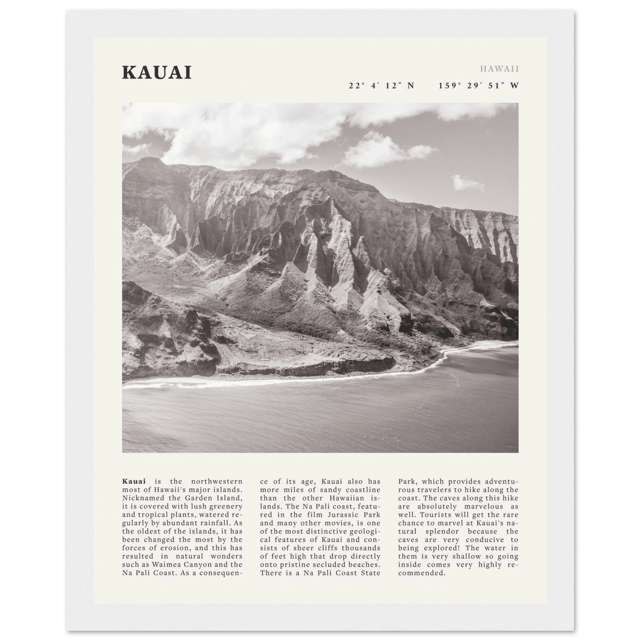 Kauai Poster | Black & White Na Pali Coast Wall Art | Hawaii Travel Print Decor - Evergreen Posters