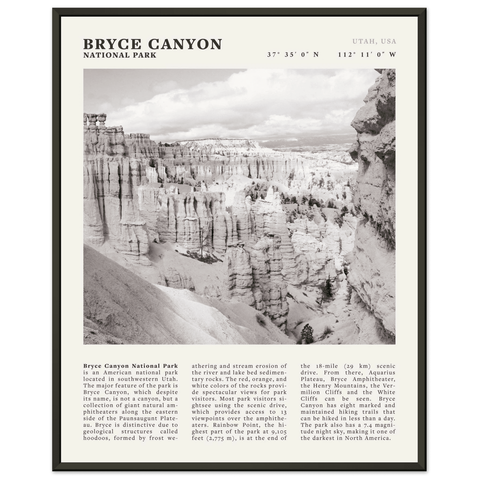 Bryce Canyon National Park Poster | Black & White Utah Hoodoos Wall Art Print - Evergreen Posters - 53