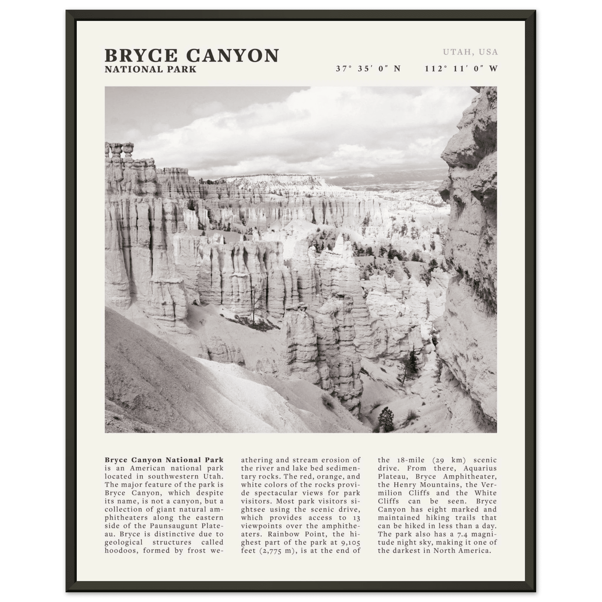 Bryce Canyon National Park Poster | Black & White Utah Hoodoos Wall Art Print - Evergreen Posters - 53