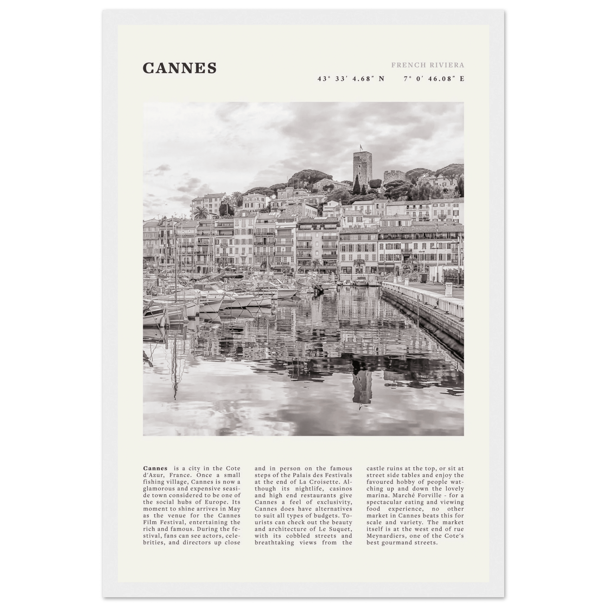Cannes Poster | Black & White French Riviera Wall Art | France Travel Print - Evergreen Posters