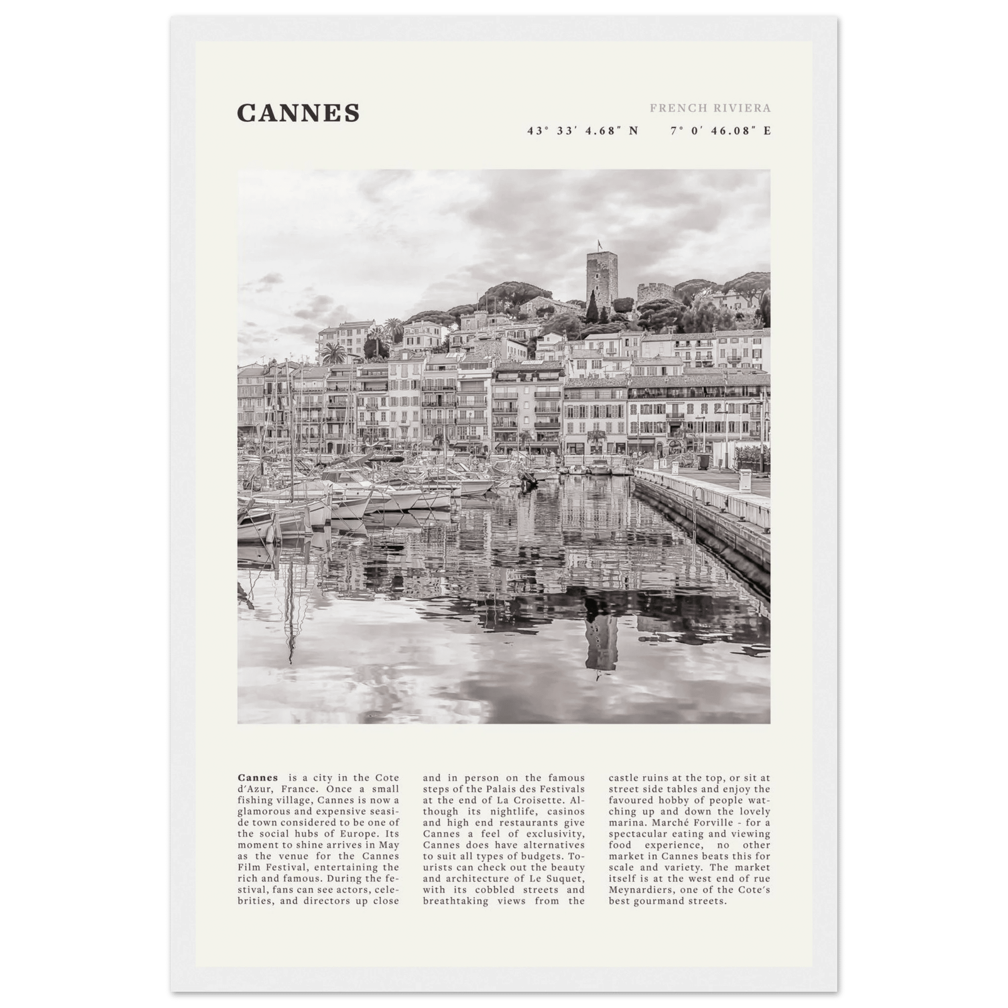 Cannes Poster | Black & White French Riviera Wall Art | France Travel Print - Evergreen Posters