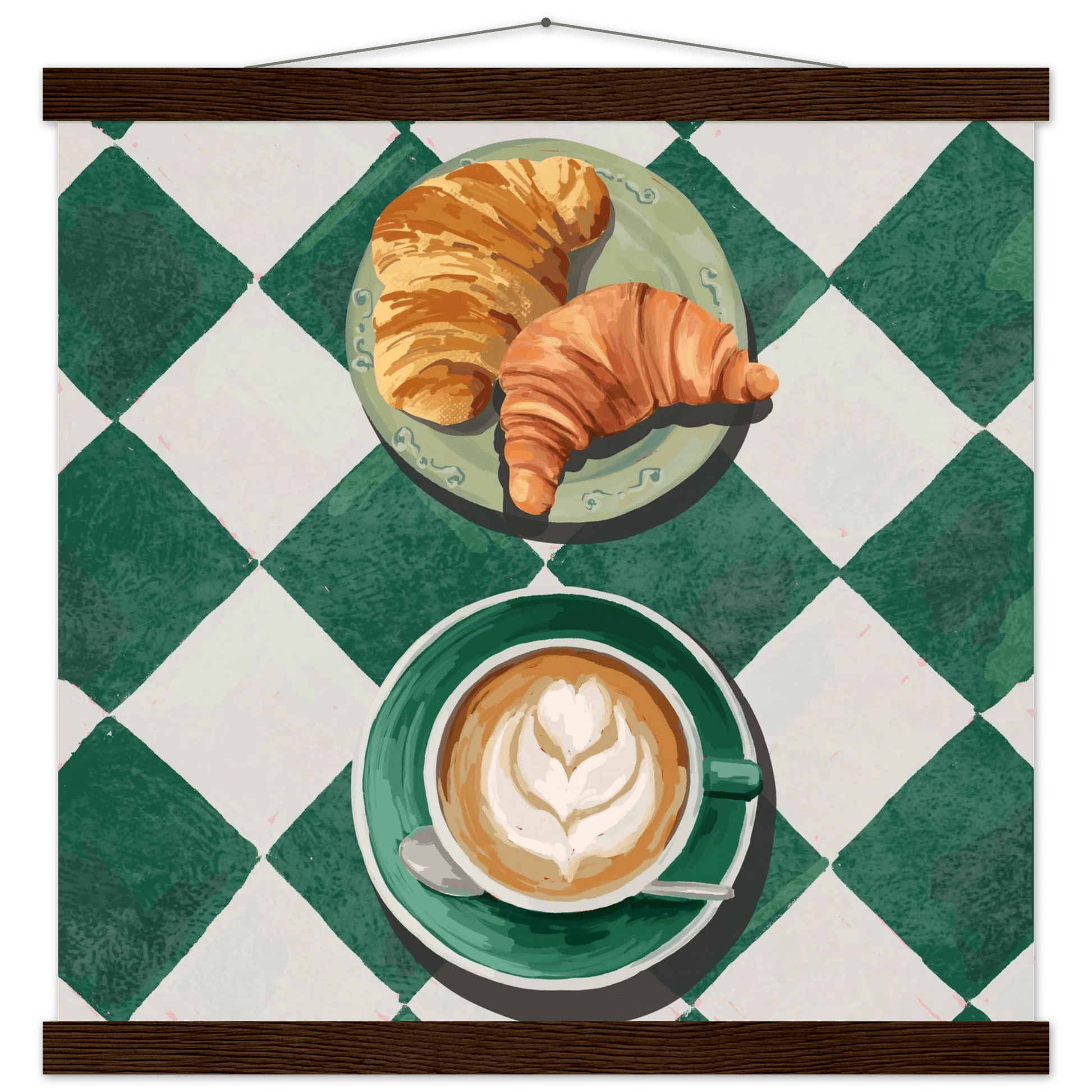 Croissant & Latte Poster | Classic Kitchen Wall Art | Green Tile Square Breakfast Print - Evergreen Posters - 16