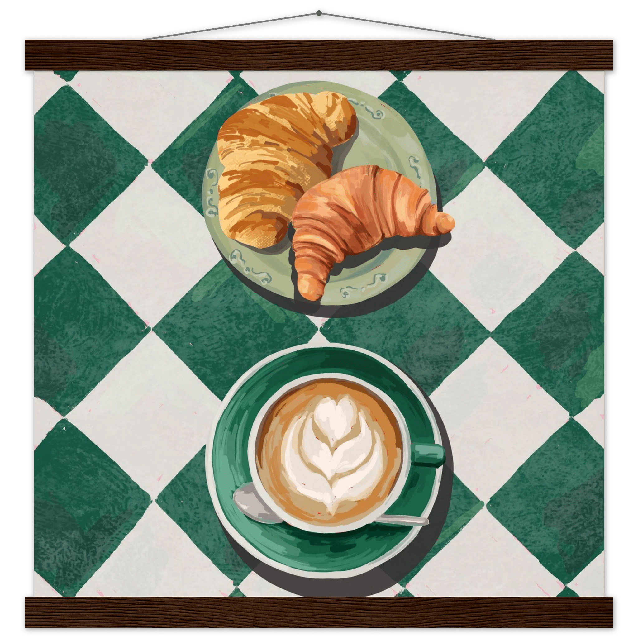 Croissant & Latte Poster | Classic Kitchen Wall Art | Green Tile Square Breakfast Print - Evergreen Posters - 16