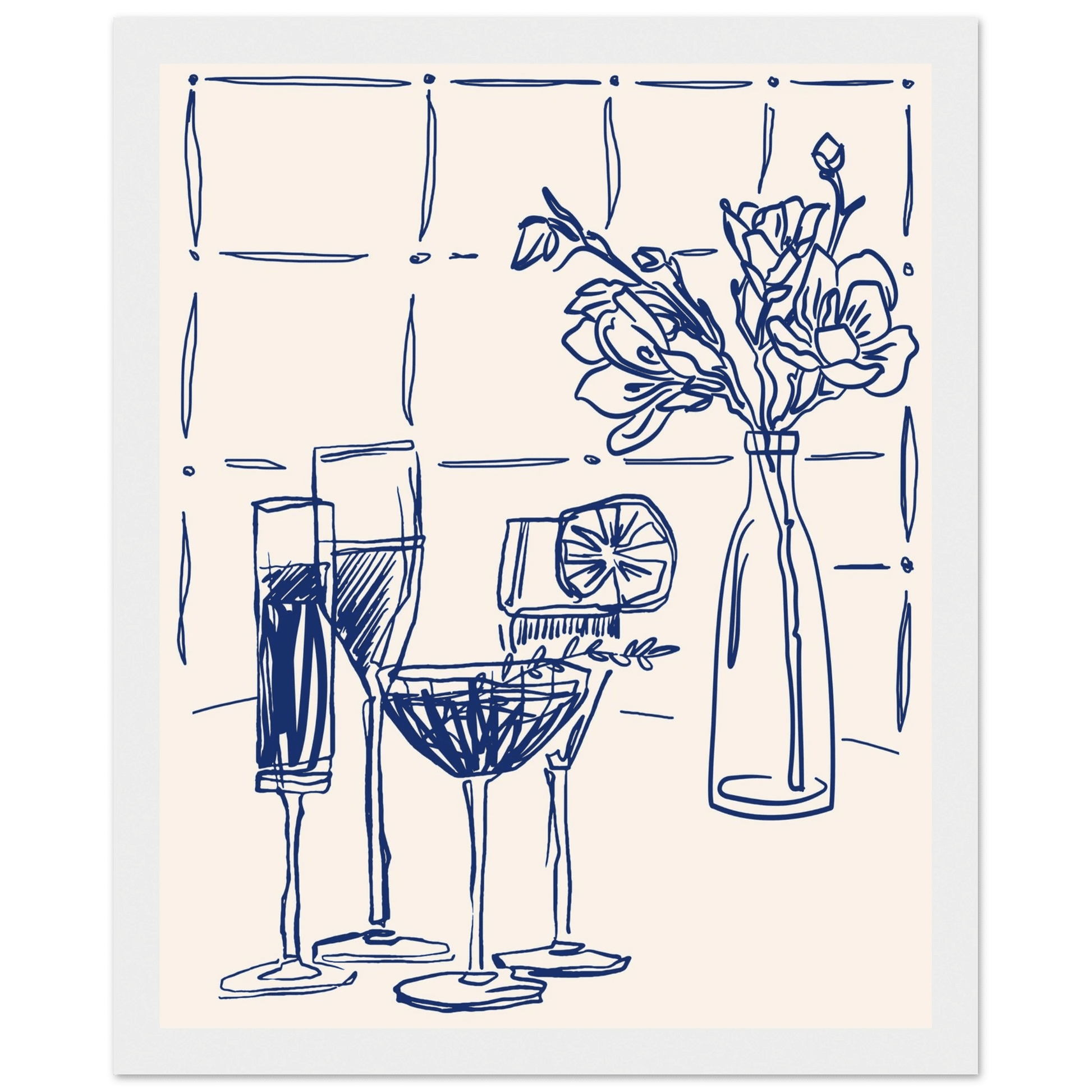 Cocktails & Flowers Print | Navy Blue Line Art Drinks Wall Art | Kitchen Bar Poster - Evergreen Posters