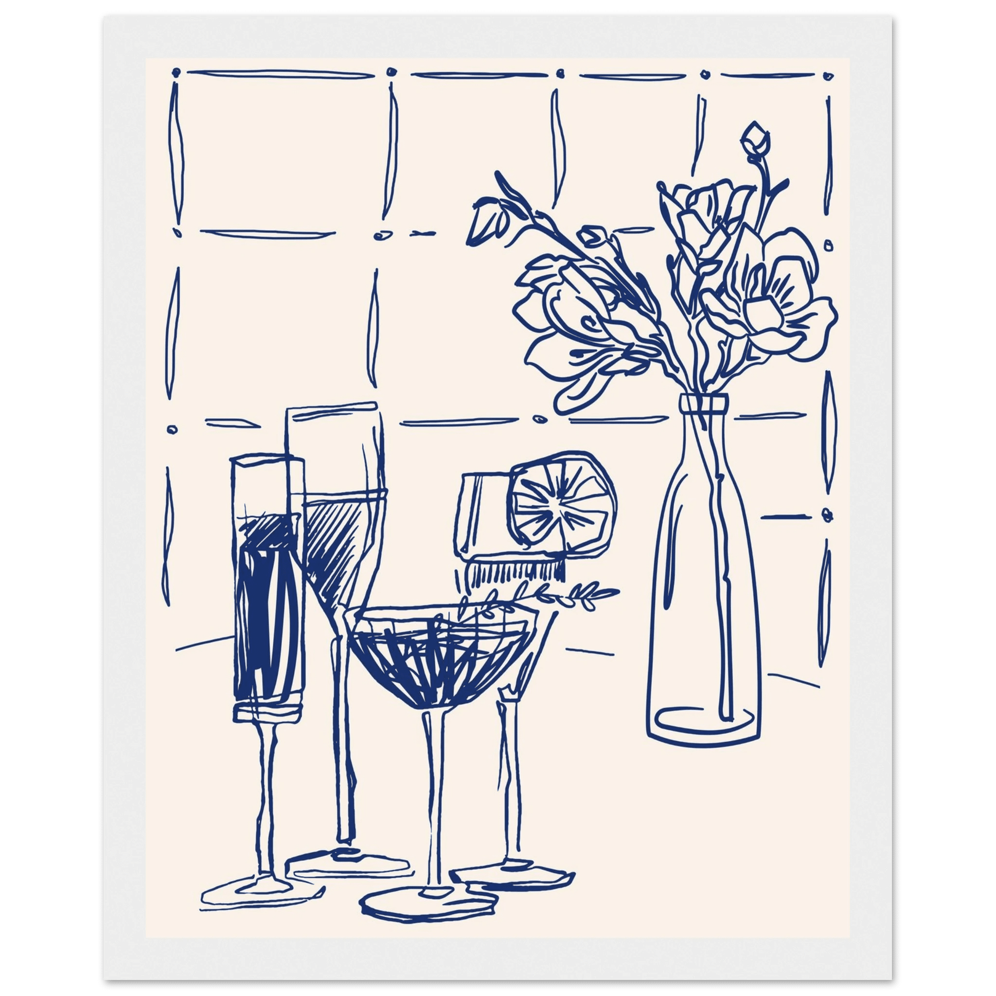 Cocktails & Flowers Print | Navy Blue Line Art Drinks Wall Art | Kitchen Bar Poster - Evergreen Posters