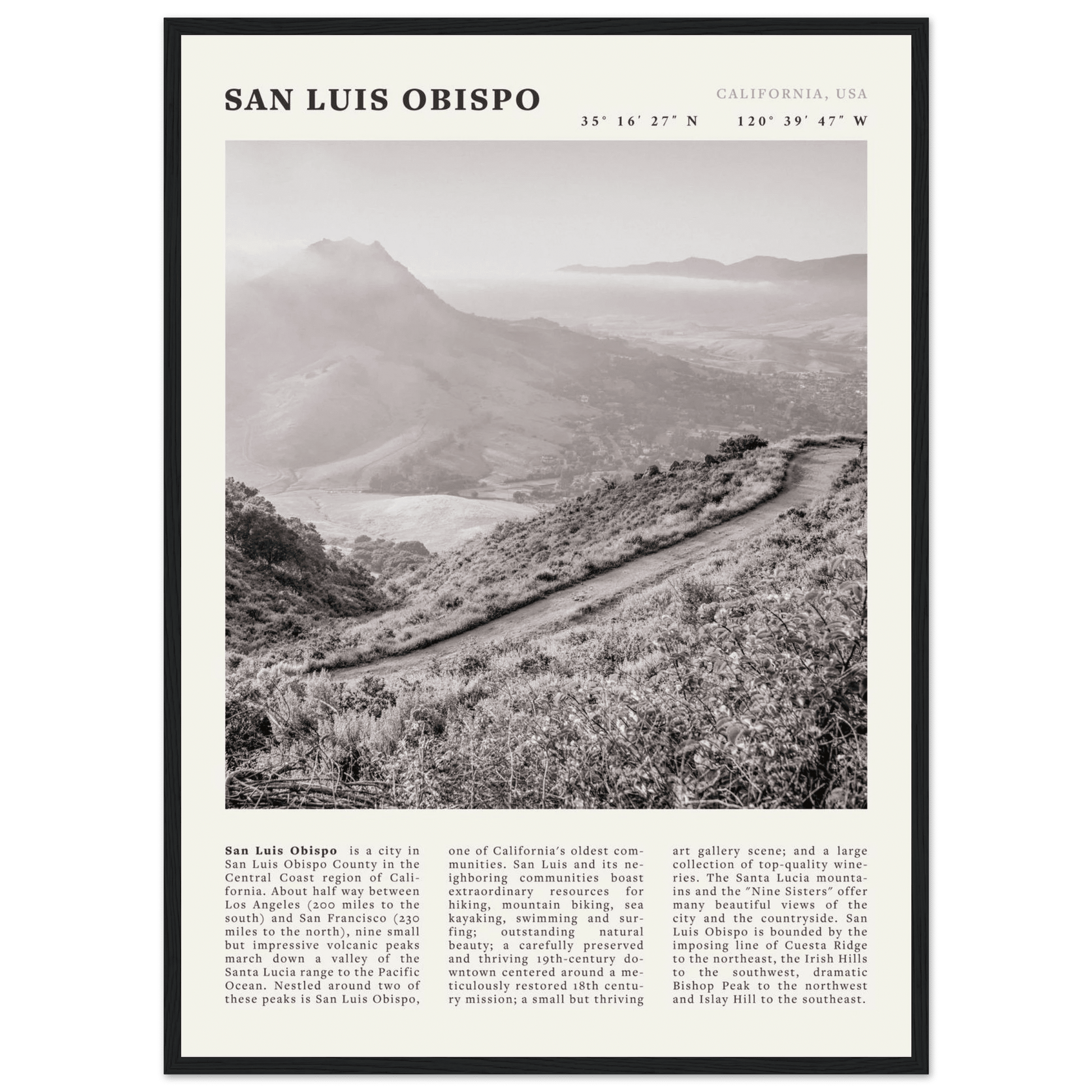 San Luis Obispo Poster | Black & White California Wall Art | SLO Travel Print - Evergreen Posters