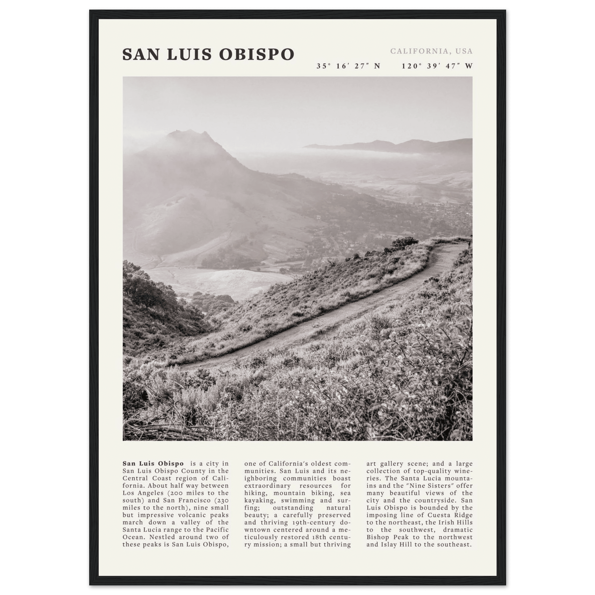 San Luis Obispo Poster | Black & White California Wall Art | SLO Travel Print - Evergreen Posters
