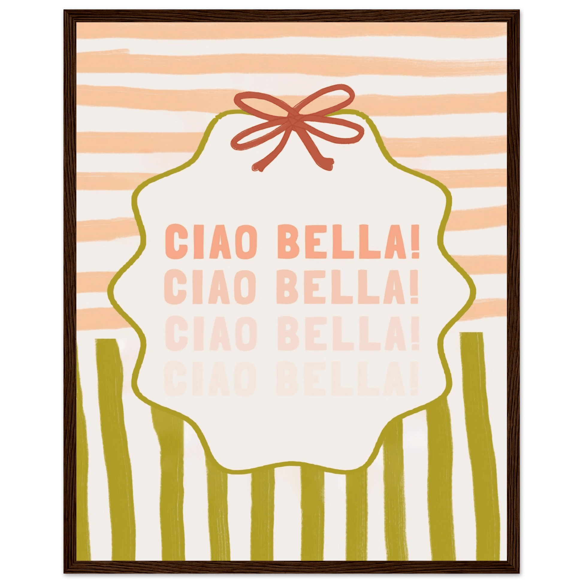Ciao Bella Poster | Italian Typography Wall Art | Retro Stripe Bow Print | Cute Room Decor - Evergreen Posters