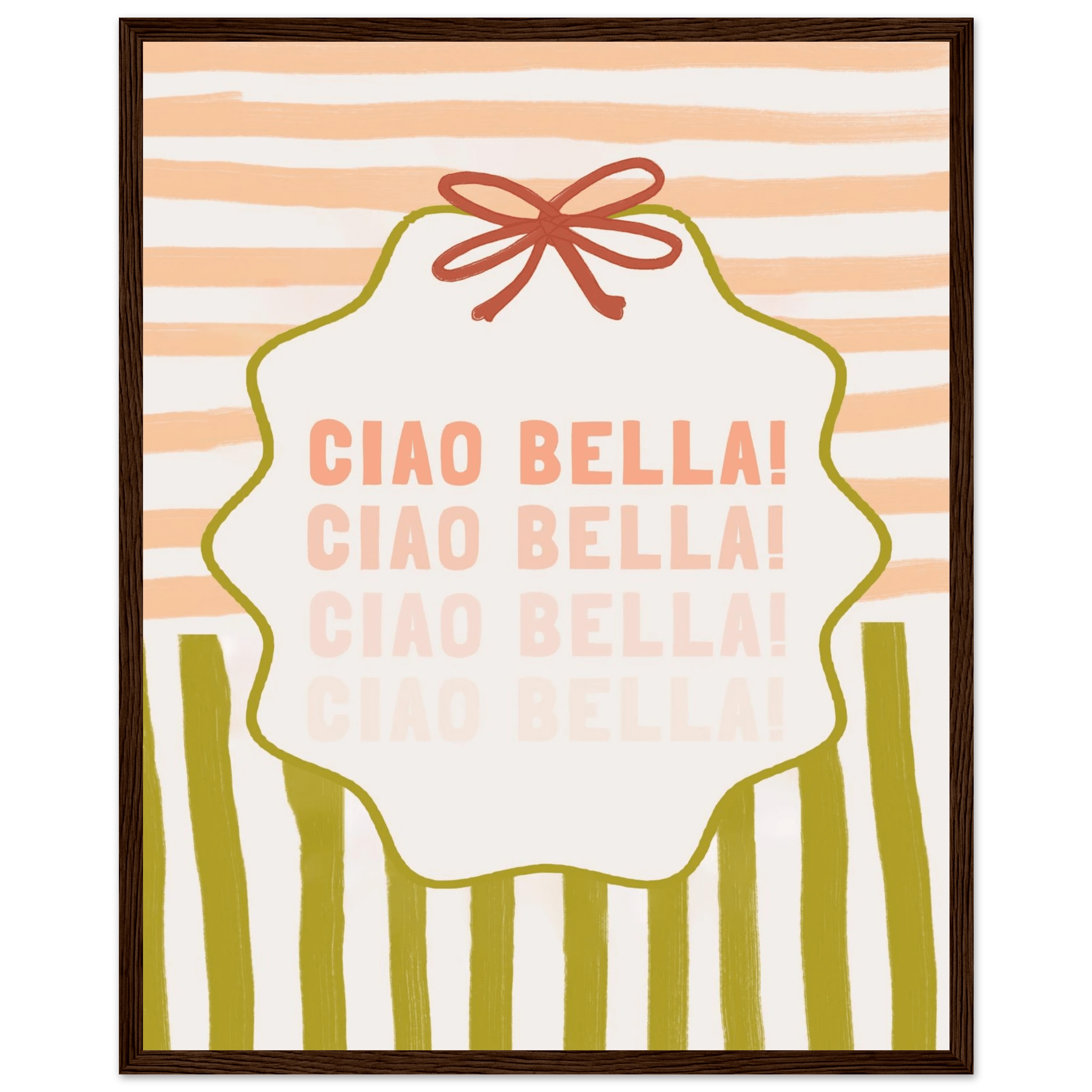 Ciao Bella Poster | Italian Typography Wall Art | Retro Stripe Bow Print | Cute Room Decor - Evergreen Posters