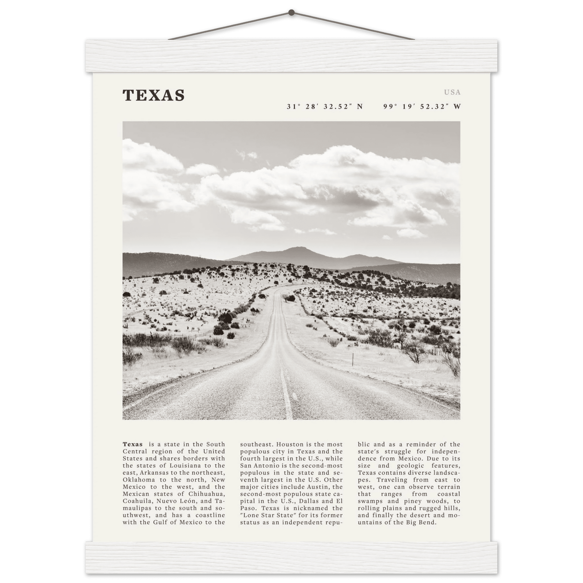 Texas Poster | Black & White Lone Star Road Wall Art | USA Travel Print Decor - Evergreen Posters