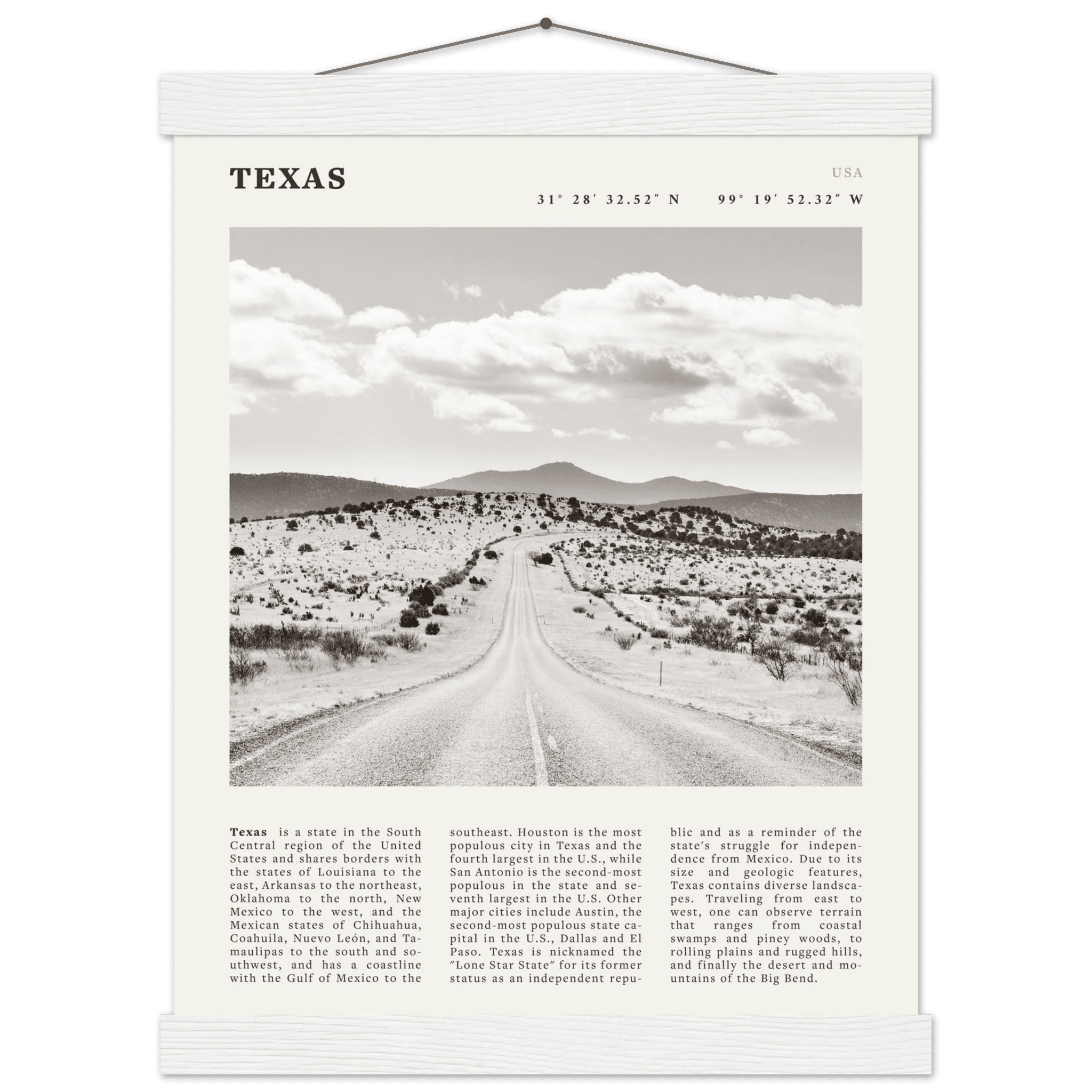 Texas Poster | Black & White Lone Star Road Wall Art | USA Travel Print Decor - Evergreen Posters