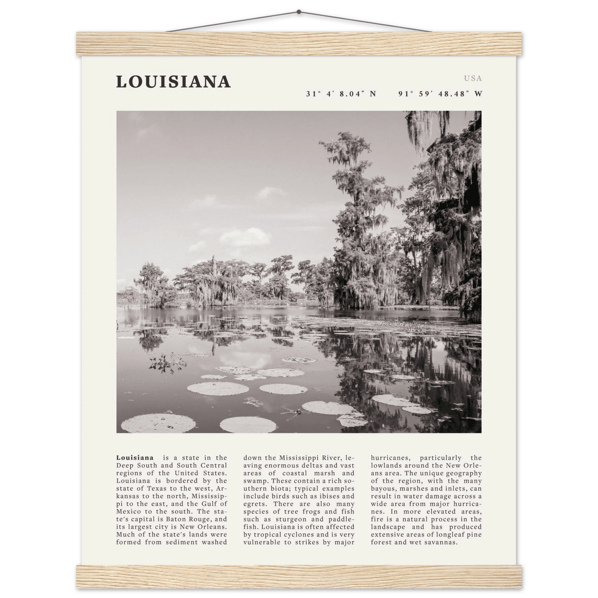 Louisiana Poster | Black & White Bayou Wall Art | Southern USA Travel Print Decor - Evergreen Posters