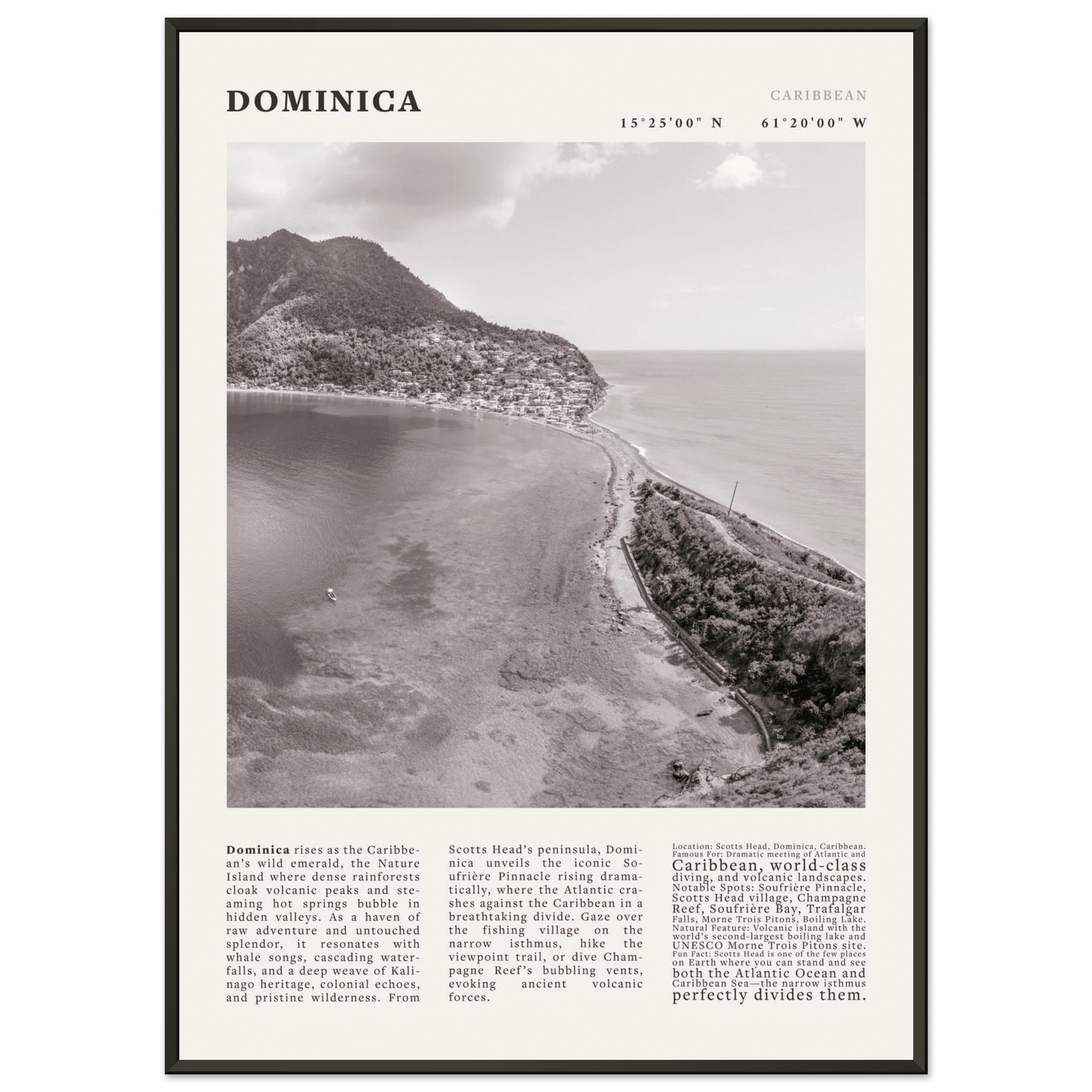 Dominica Poster Black and White – Vintage Caribbean Rainforest Island Print (Digital & Printed Options) - Evergreen Posters