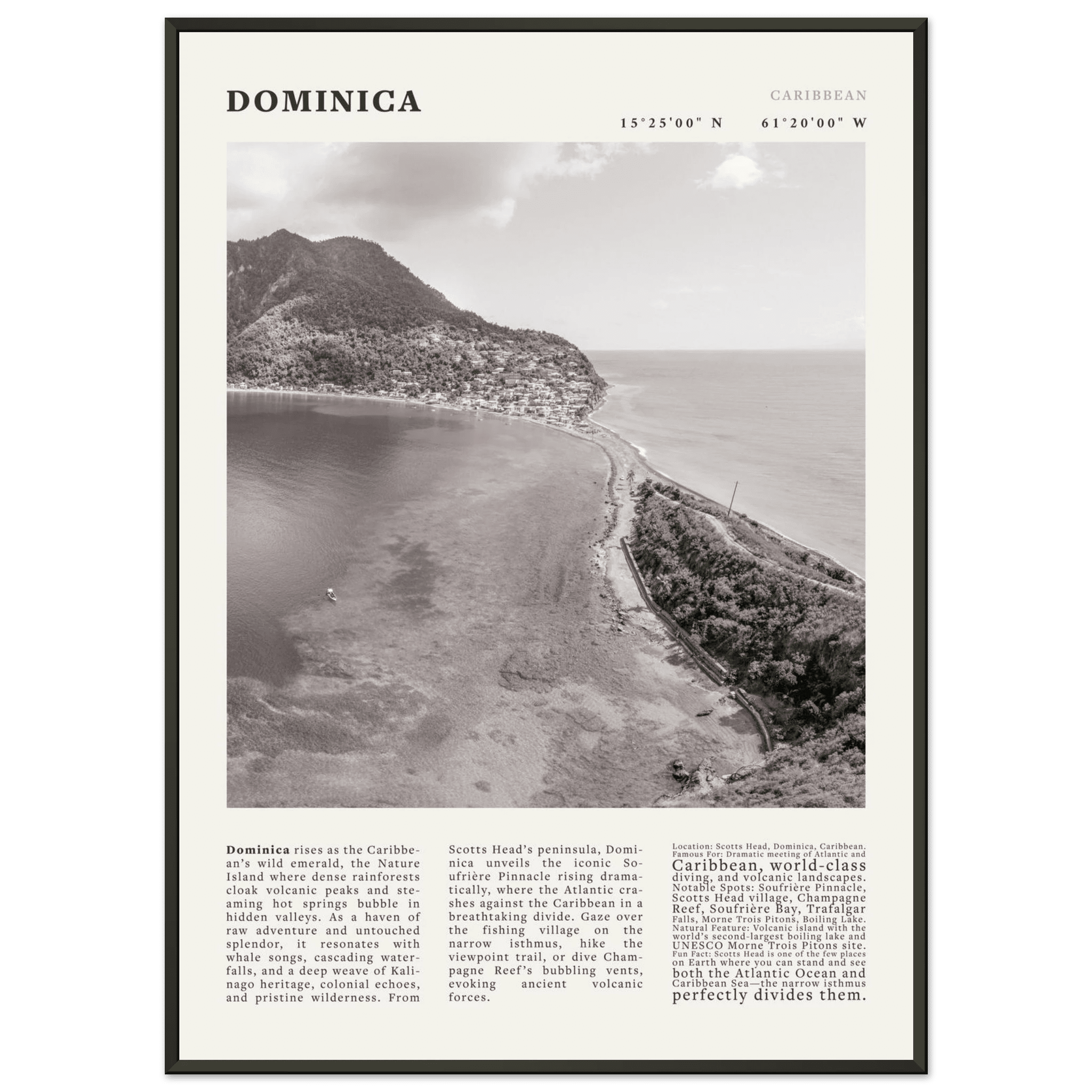 Dominica Poster Black and White – Vintage Caribbean Rainforest Island Print (Digital & Printed Options) - Evergreen Posters