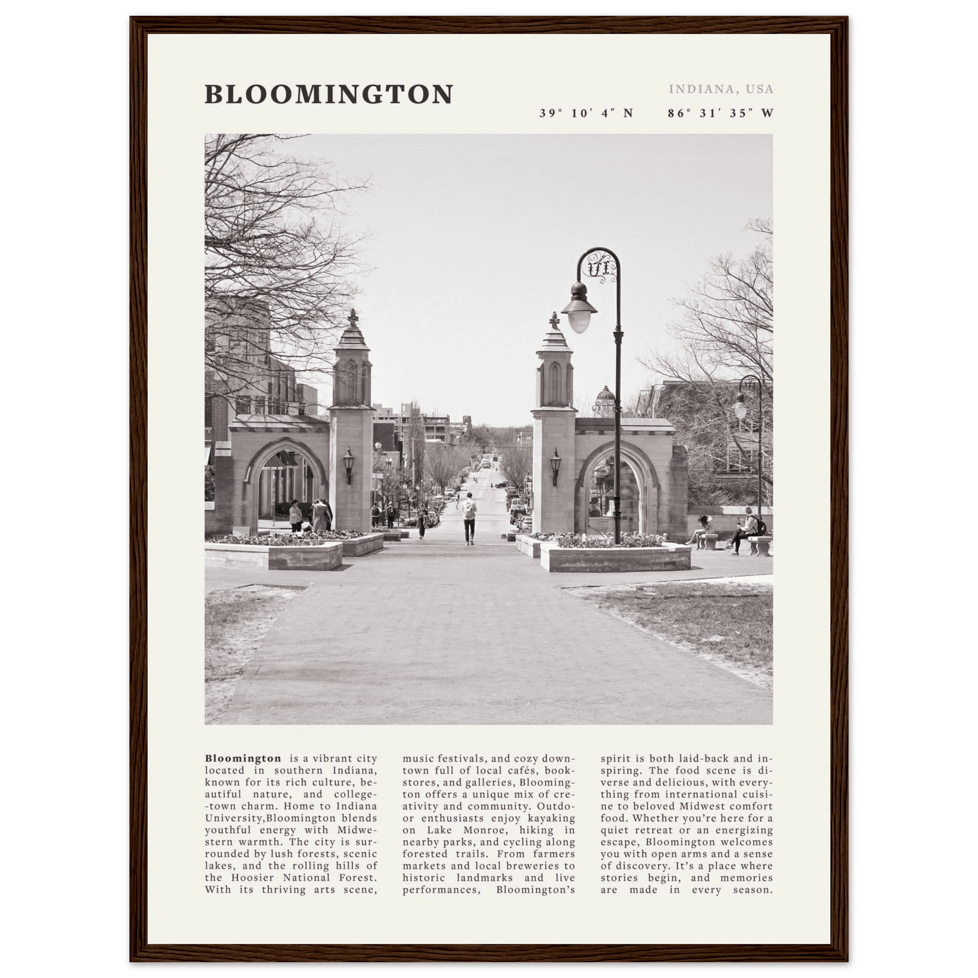 Bloomington Indiana Black and White Vintage Poster - Evergreen Posters