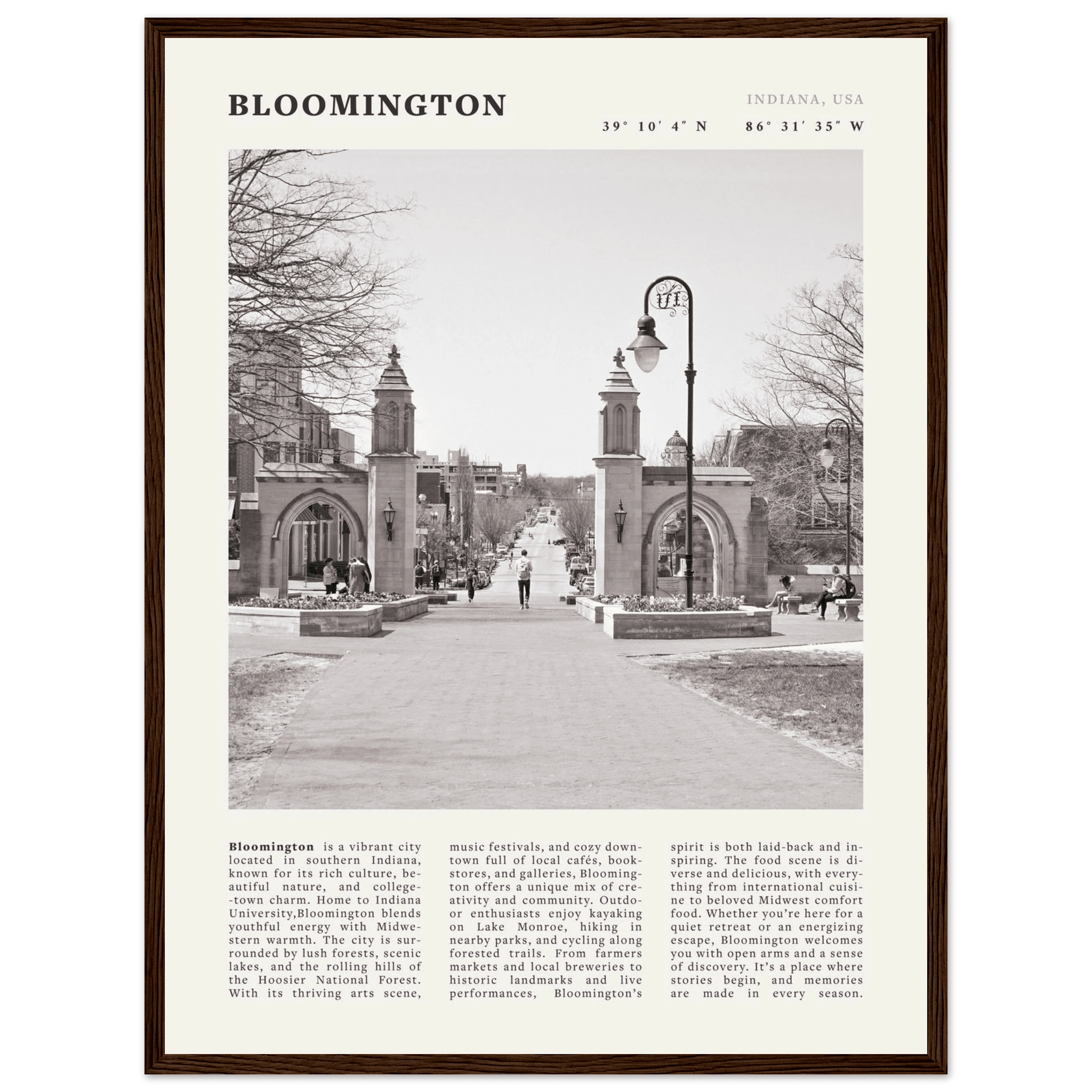 Bloomington Indiana Black and White Vintage Poster - Evergreen Posters