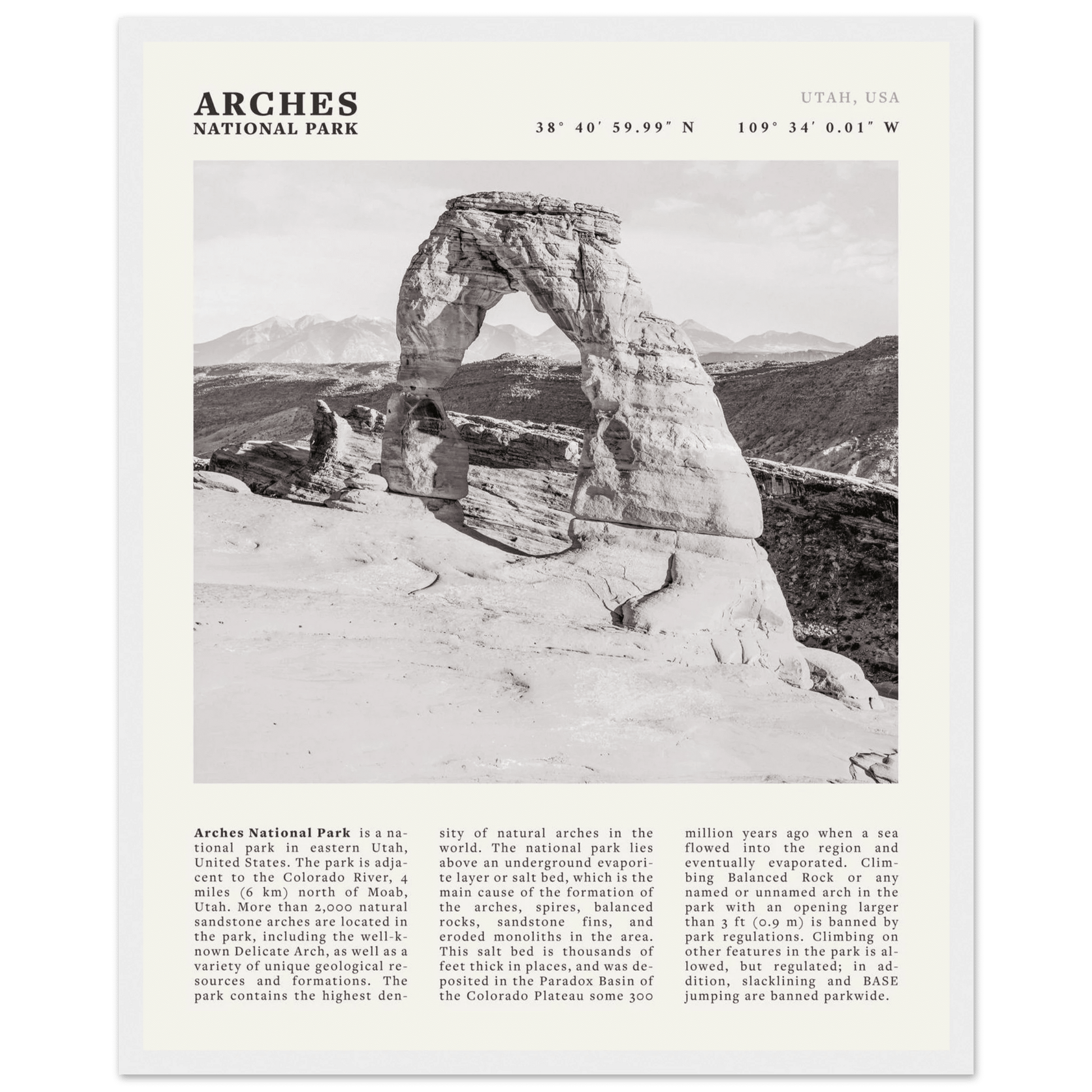 Arches National Park Poster | Black & White Utah Wall Art | Delicate Arch Print - Evergreen Posters