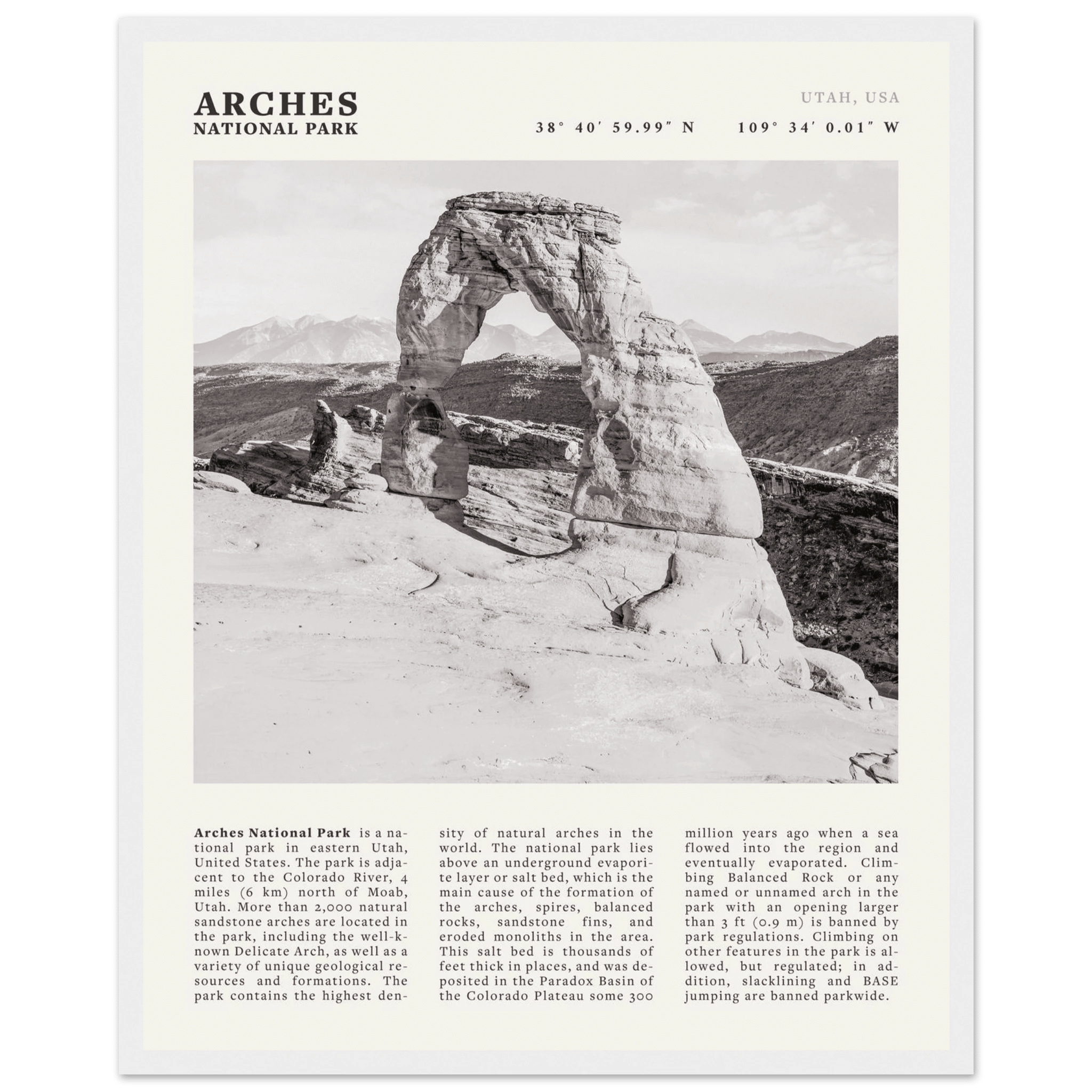 Arches National Park Poster | Black & White Utah Wall Art | Delicate Arch Print - Evergreen Posters