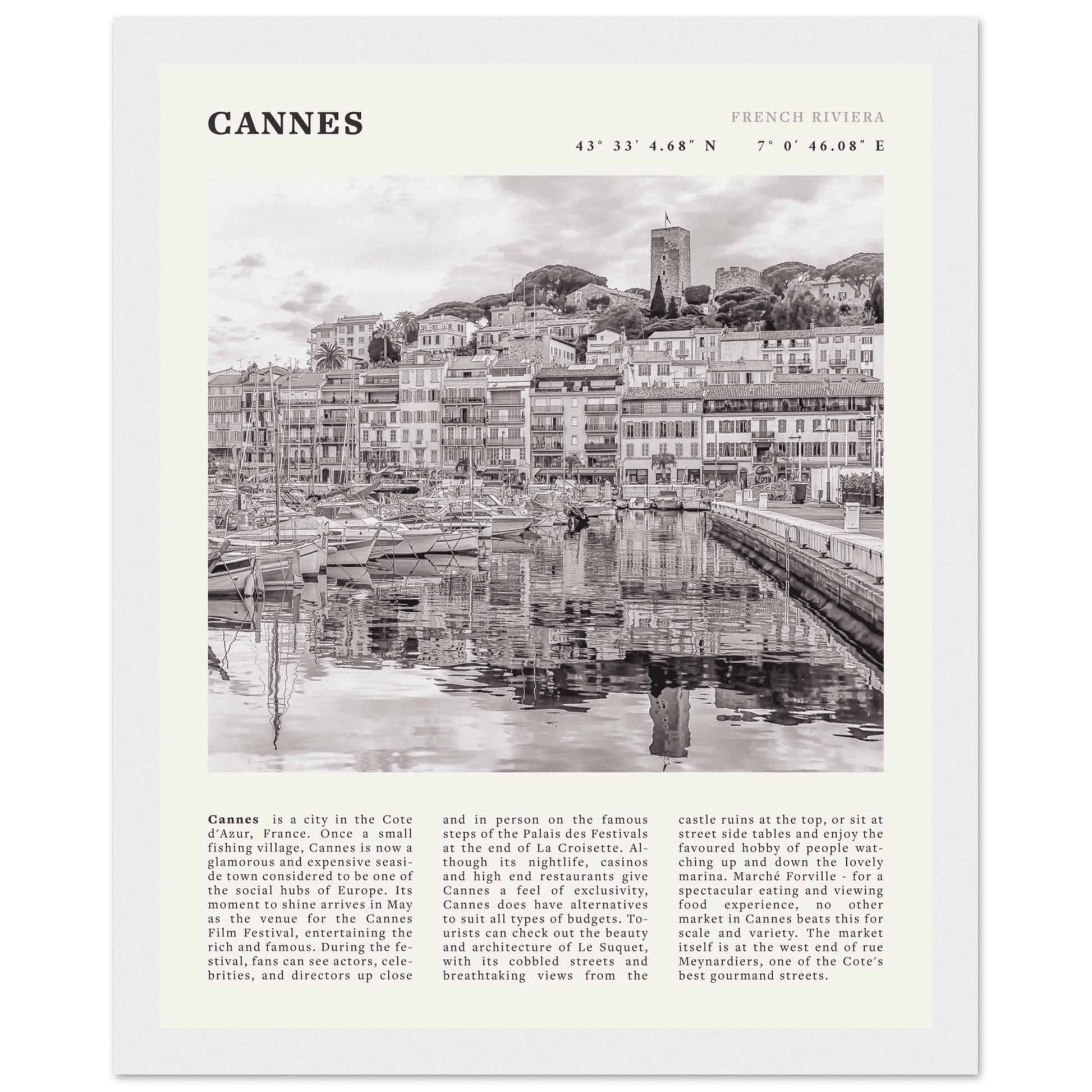 Cannes Poster | Black & White French Riviera Wall Art | France Travel Print - Evergreen Posters