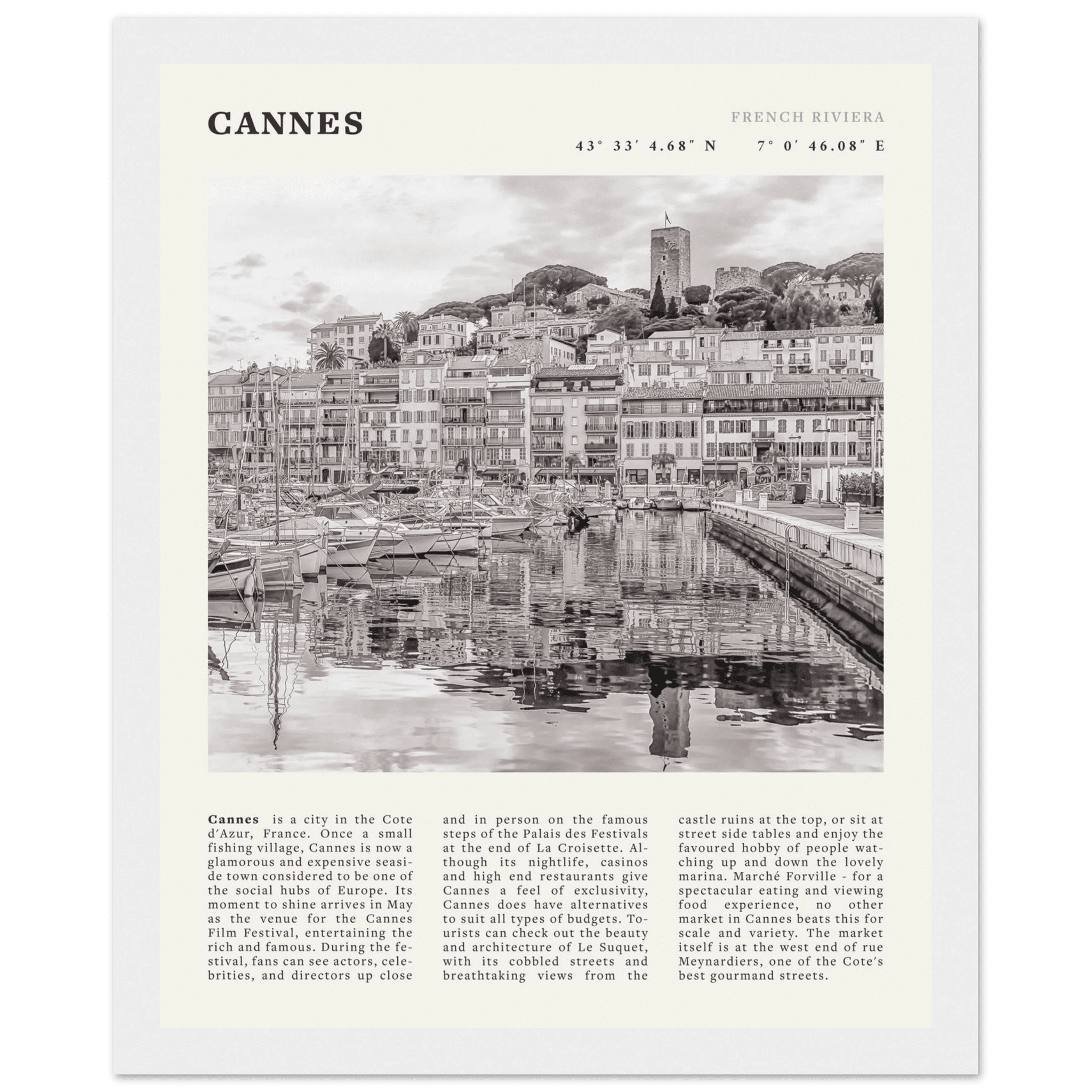 Cannes Poster | Black & White French Riviera Wall Art | France Travel Print - Evergreen Posters