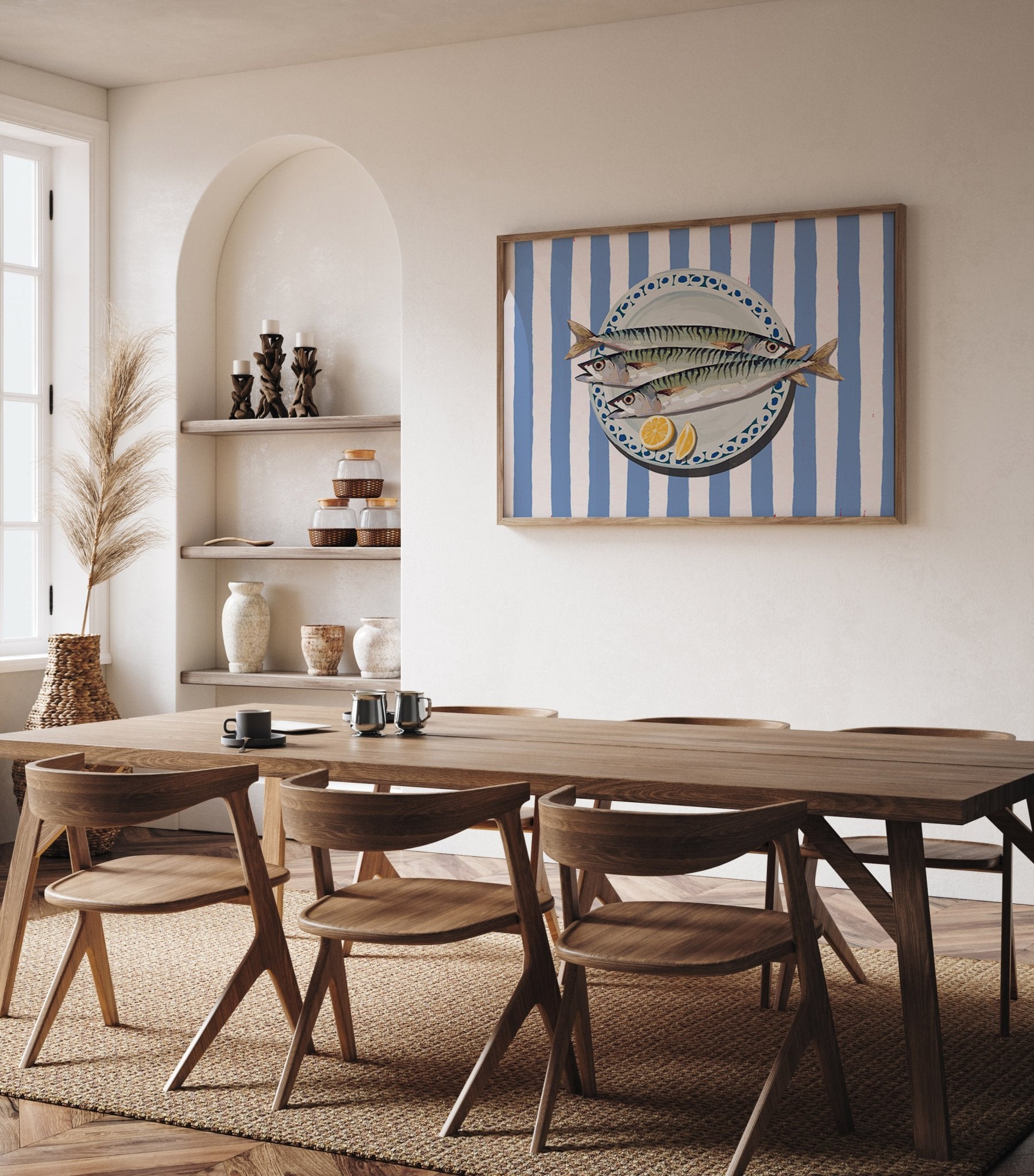 Sardines Print | Blue Stripe Fish Kitchen Wall Art | Coastal Food Poster - Evergreen Posters