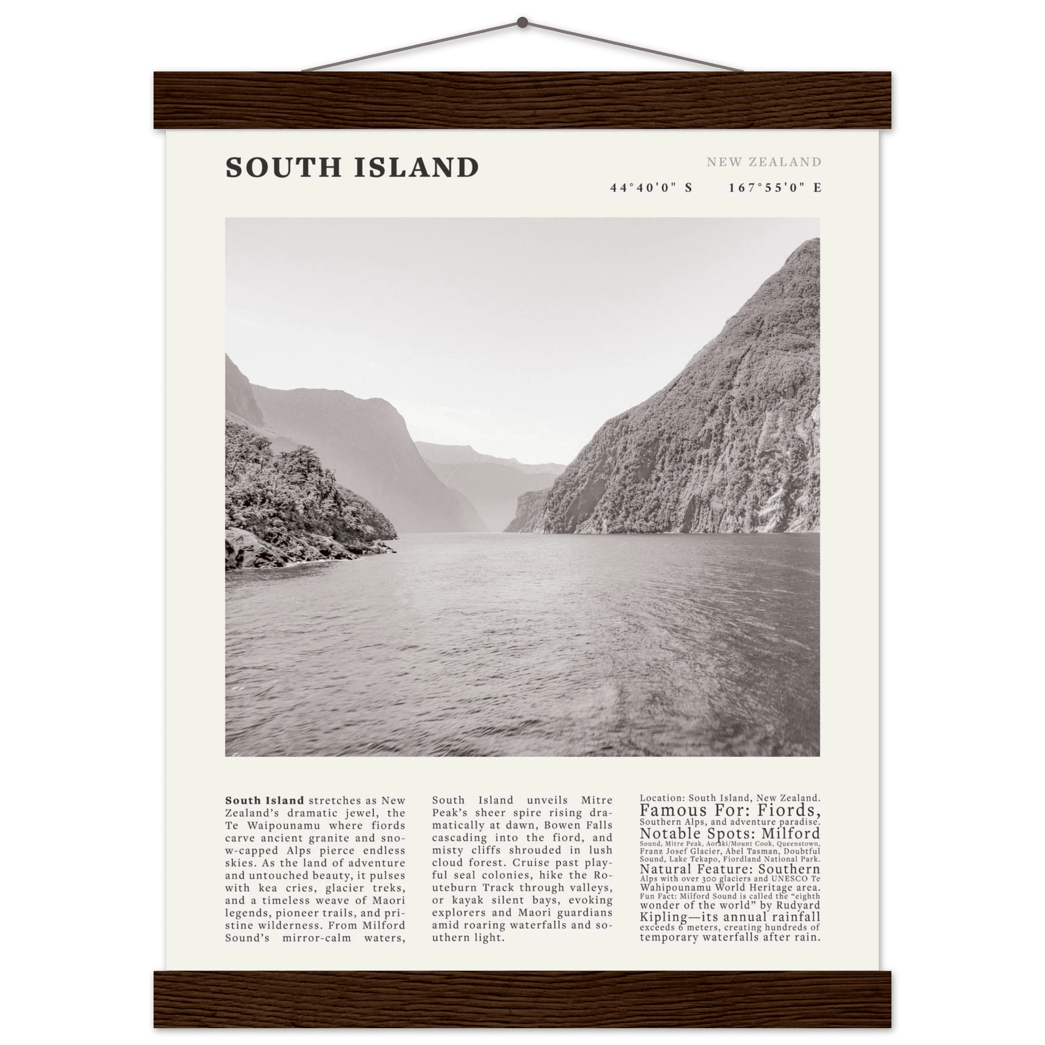 South Island New Zealand Poster Black and White – Vintage Milford Sound Fjord Print - Evergreen Posters