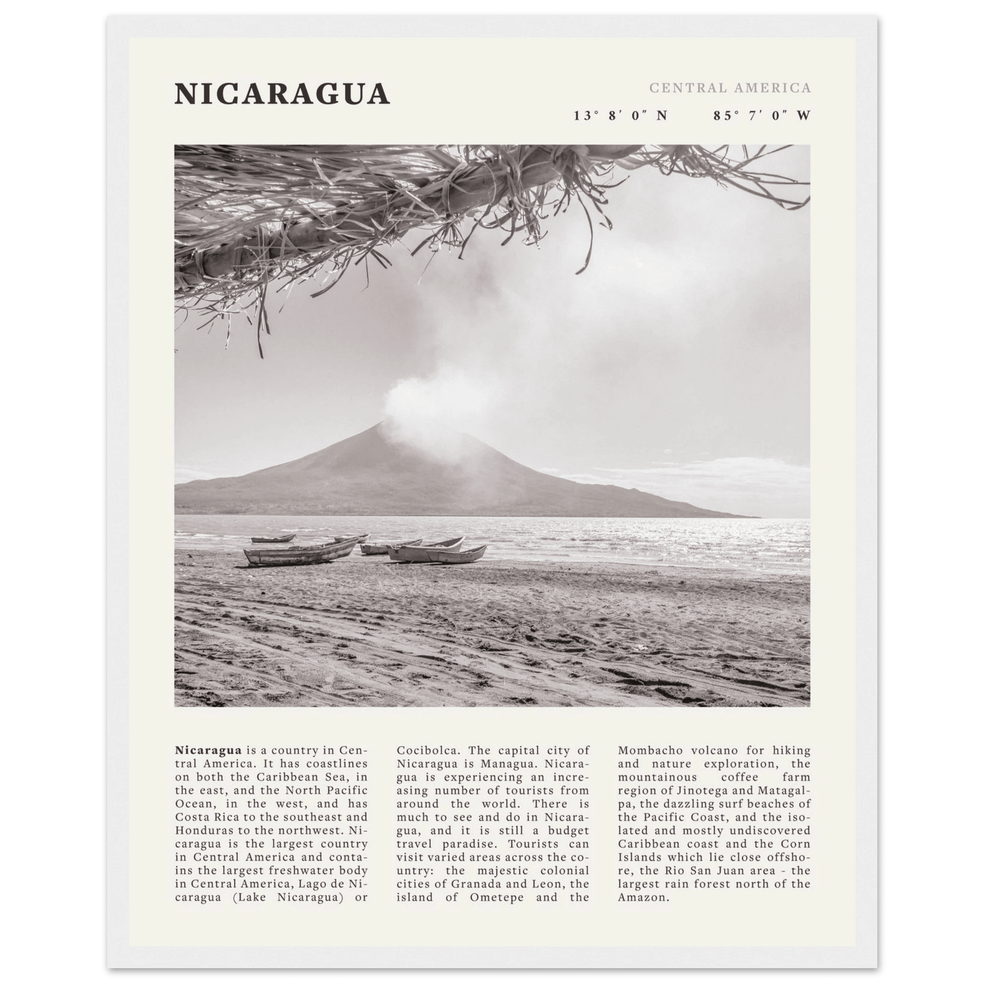 Nicaragua Poster | Black & White Volcano Wall Art | Central America Travel Print - Evergreen Posters