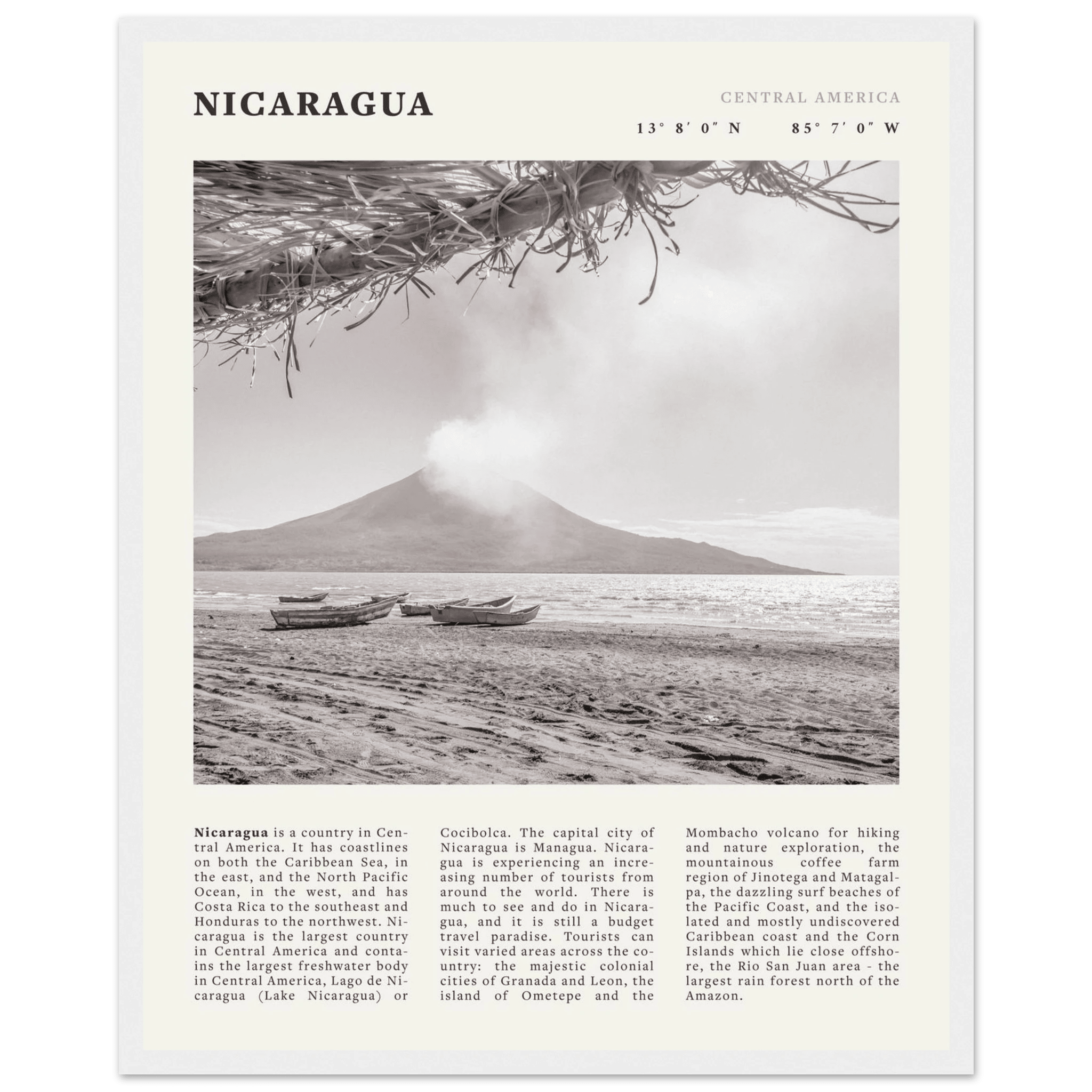 Nicaragua Poster | Black & White Volcano Wall Art | Central America Travel Print - Evergreen Posters