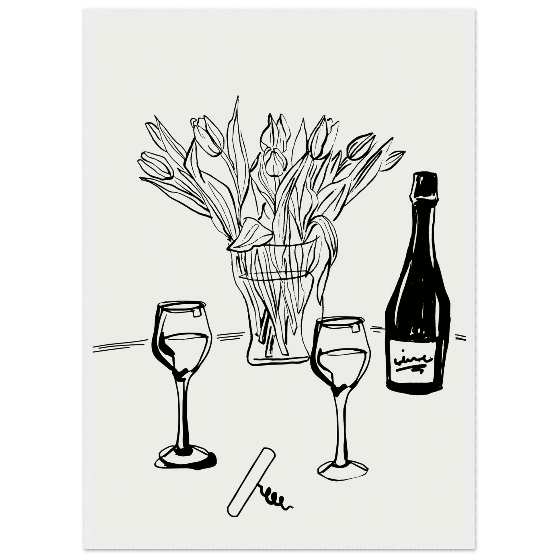 Wine & Tulips Print | Black Line Art Wine Bottle Wall Art | Minimalist Kitchen Poster - Evergreen Posters